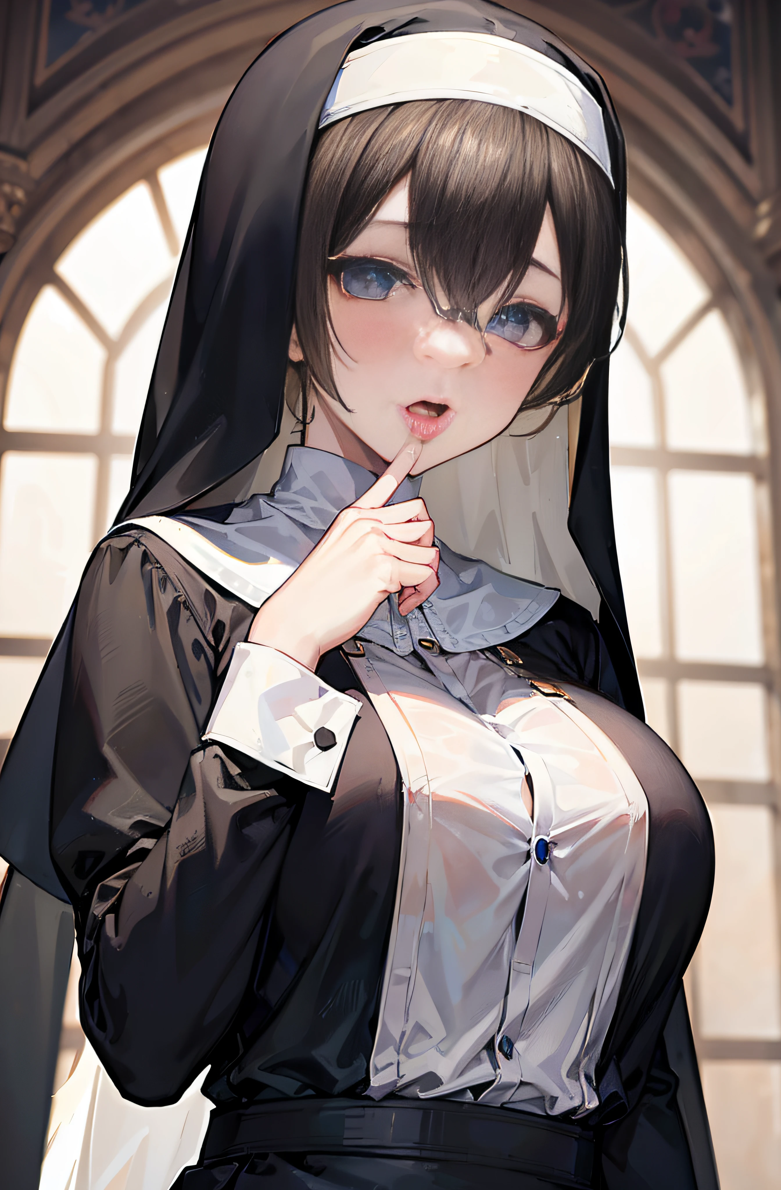 Mature brunette girl nun, (brunette girl nun), with black hair and glasses wearing transparent panties and a mini top kissing two penises,  sucking two penises, stroking two penises (stroking two penises), orgasm, dripping yogurt from her mouth,