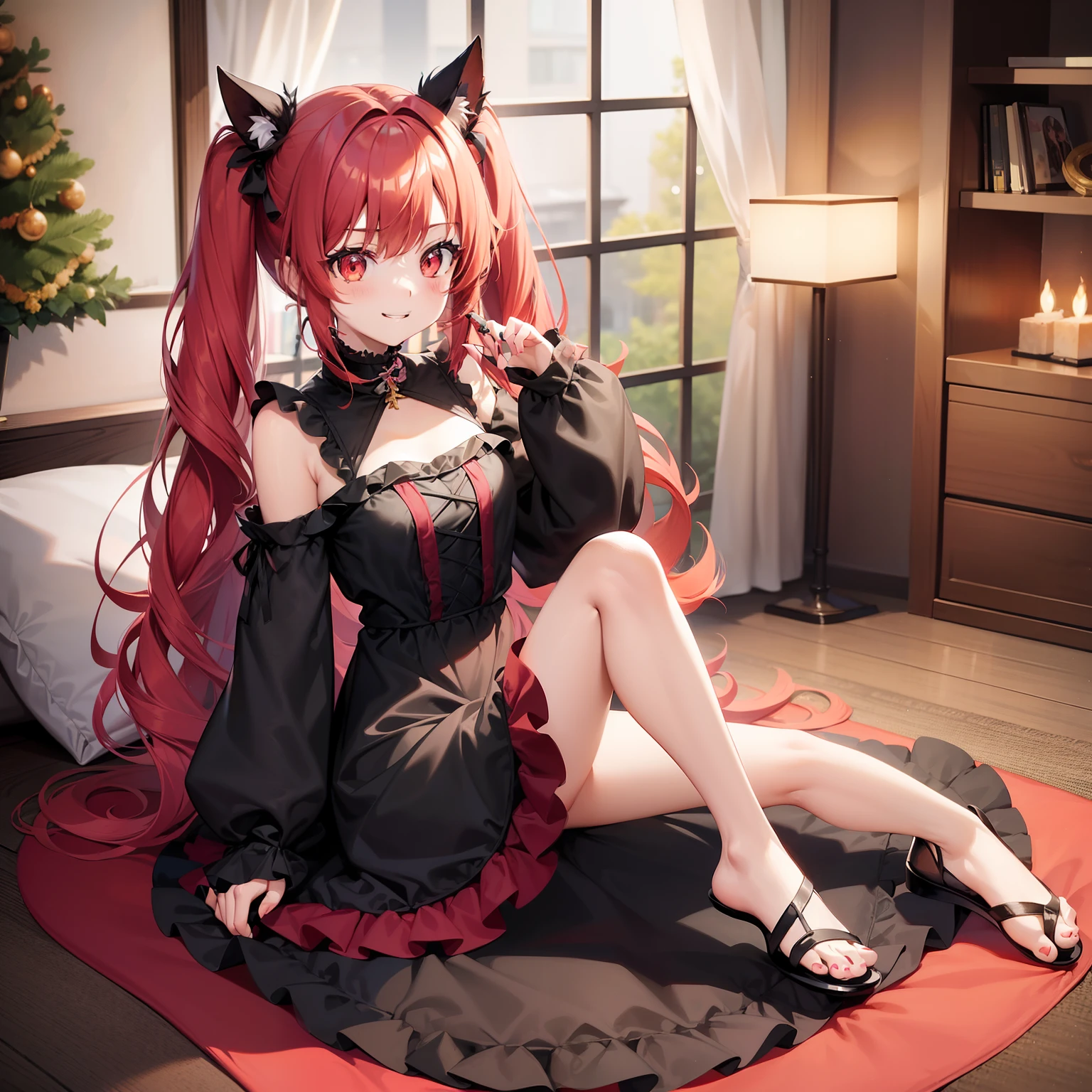Anime filling,Two-dimensional illustration,Red hair,Half Twin Tail,shorth hair,Big eyes,A smile,a beauty girl,cute little,Super Cute,Black cat ears,Red Eyes,Ruffled Clothes,Black lace clothes,Inner colorGreen,One girl,Full body painting,A masterpiece of 2D art,(masterpiece,Top image quality:1.3),(detaile:1.2),(1人),Standing picture