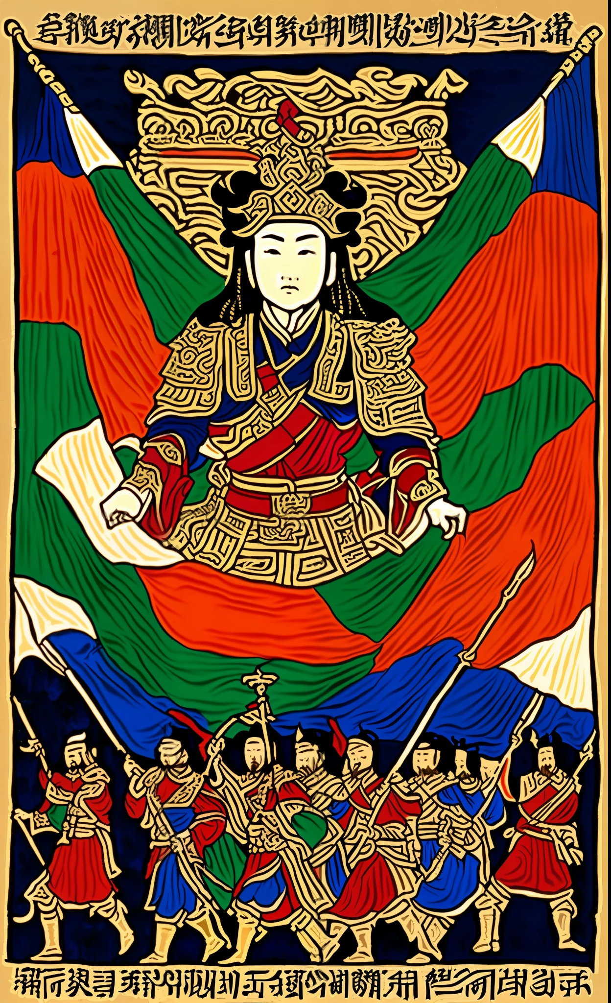 Three Kingdoms period at the end of the Han Dynasty，The march of the Great Army，There are various colors of flags，There is a king on the banner，zhang，Zhao，strict，Wei five surnames