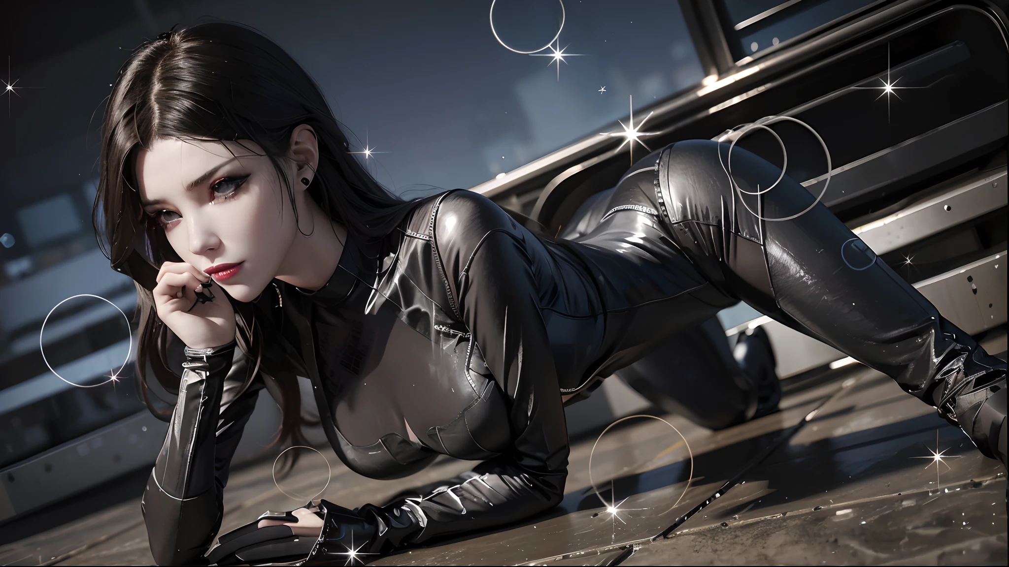 On the ground lay a woman dressed in black latex, seductive cyberpunk dark fantasy, female cyberpunk anime girl, 3 D rendering character art 8 K, Cyberpunk 2 0 y. o model girl, trending on cgstation, high definition cgsociety, cyberpunk glossy latex suit, cgsociety - w 1 0 2 4 - n 8 - i, wlop glossy skin
