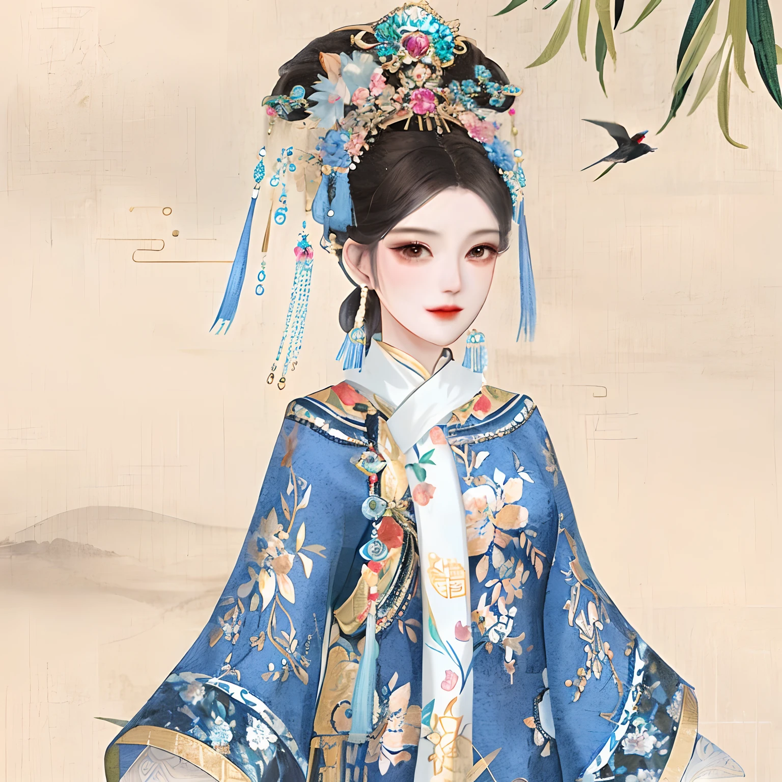 Works of masters，Best picture quality，Higher quality，high detal， 超高分辨率， 8K分辨率， depth of fields， cinematic photogtaphy， intricately details， carefully， meticuloso， glorious， max detail，There was a woman in a blue dress and a bird flying by, Palace ， A girl in Hanfu, a beautiful fantasy empress, Princesa chinesa antiga, ancient asian dynasty princess, Wearing ancient Chinese clothes, imperial royal elegant clothing, Hanfu, Chinese costume, , wearing ornate silk clothes, Inspired by Qiu Ying, with acient chinese clothes