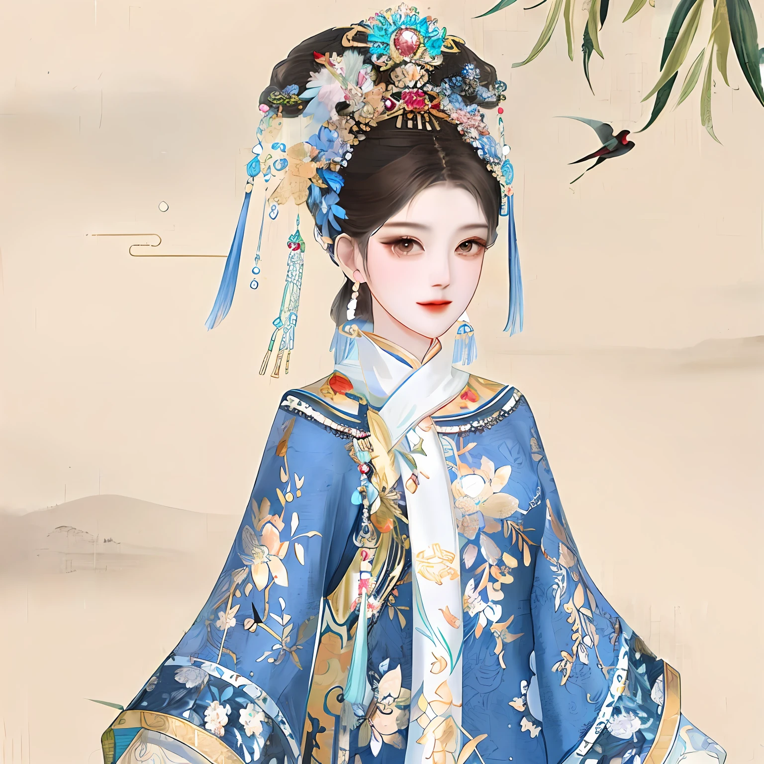 Works of masters,Best picture quality,Higher quality,high detal, 超高分辨率, 8K分辨率, depth of fields, cinematic photogtaphy, intricately details, carefully, meticuloso, glorious, max detail,There was a woman in a blue dress and a bird flying by, Palace , A girl in Hanfu, a beautiful fantasy empress, Princesa chinesa antiga, ancient asian dynasty princess, Wearing ancient Chinese clothes, imperial royal elegant clothing, Hanfu, Chinese costume, , wearing ornate silk clothes, Inspired by Qiu Ying, with acient chinese clothes