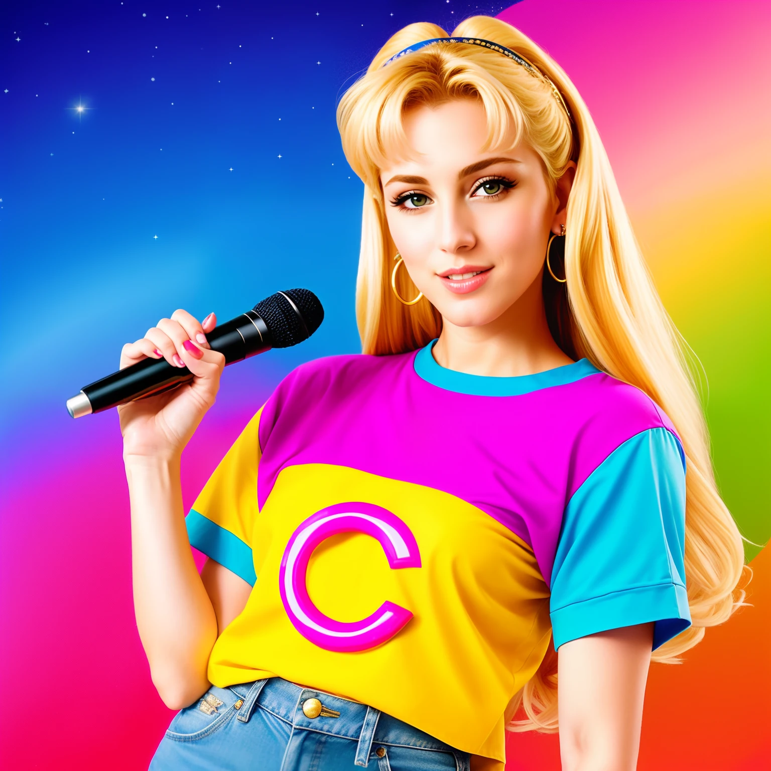 "(Mature and realistic portrayal:1.2) Sailor Moon exuding confidence as she holds a microphone, her blonde hair cascading down, adorned in stylish rainbow denim clothes from the 2000s, with a backdrop filled with donuts."