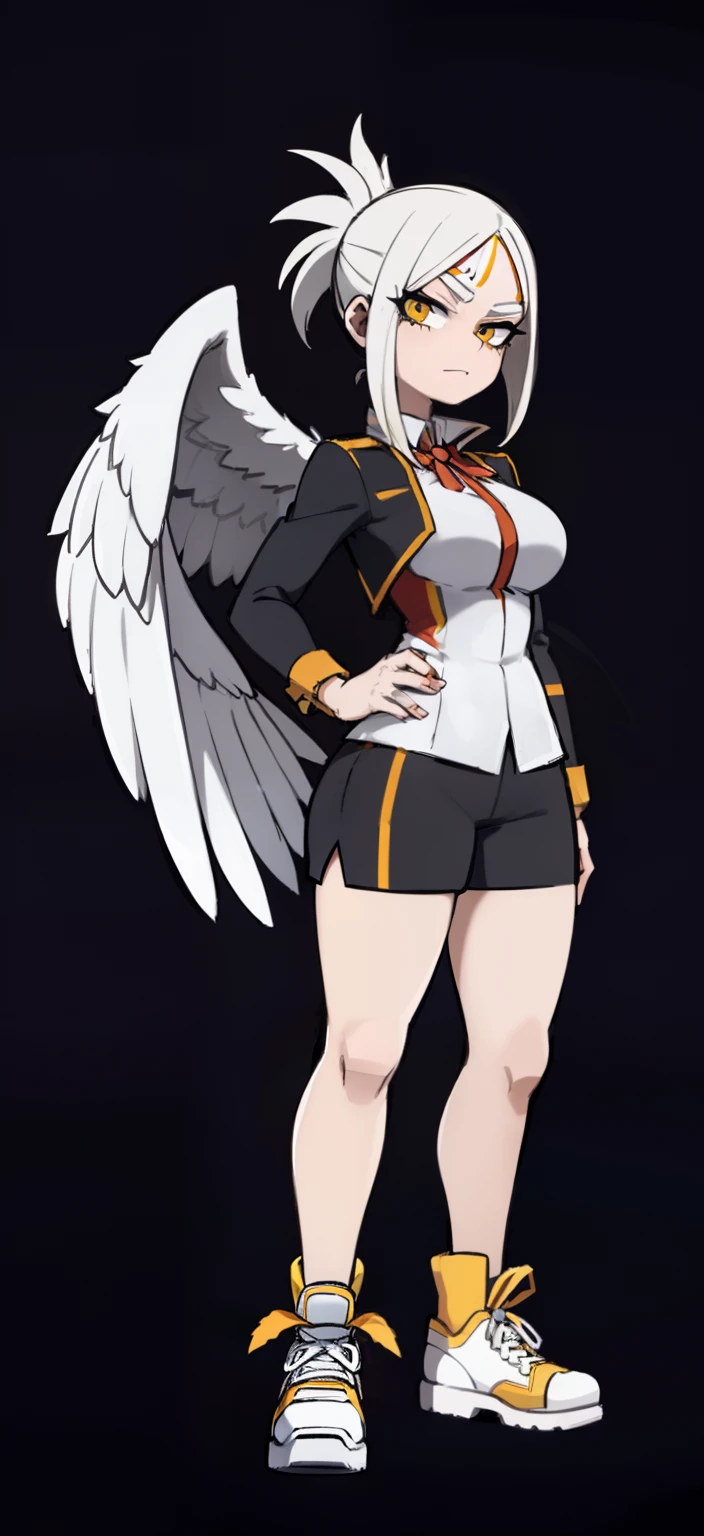 My Hero Academia Style, Anime Girl, Female, Trending on ArtStation Pixiv, (Full Body Shot: 0.5), Wide Hips, Wide Thighs, Large Breast, Pterodactyl Face, Short Hair, Ash White Hair, Yellow Eyes, Pterodactyl Snoot, pterodactyl crest, feathered wings on back, feathered wings, wings on back, white feathers, ash white plumage, green long-sleeved jacket, white shirt, black shorts, red sneakers, orange headband, orange headband, ribbon, gaze perky, smug, looking at viewer, super detailed, perfect anatomy,