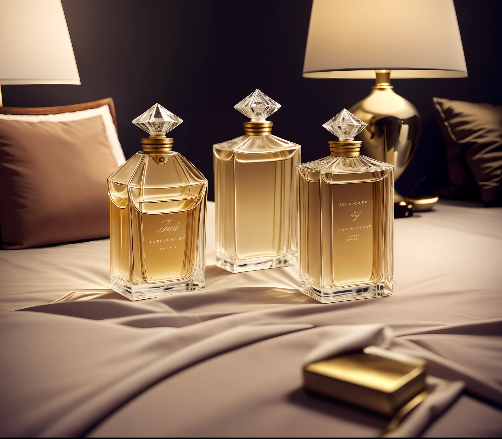 Close-up of a bottle of perfume on the bed, exquisite fine details, exquisitedetails, exquisite and smooth details, Exquisite details, luxurious environment, sublime-comfy-elegant ambience, soft evening lighting, luxurious furniture, Evening atmosphere, atmospheric beautiful details, sublime-comforting ambience, romantic setting, dramatic product photography, dark-toned product photos