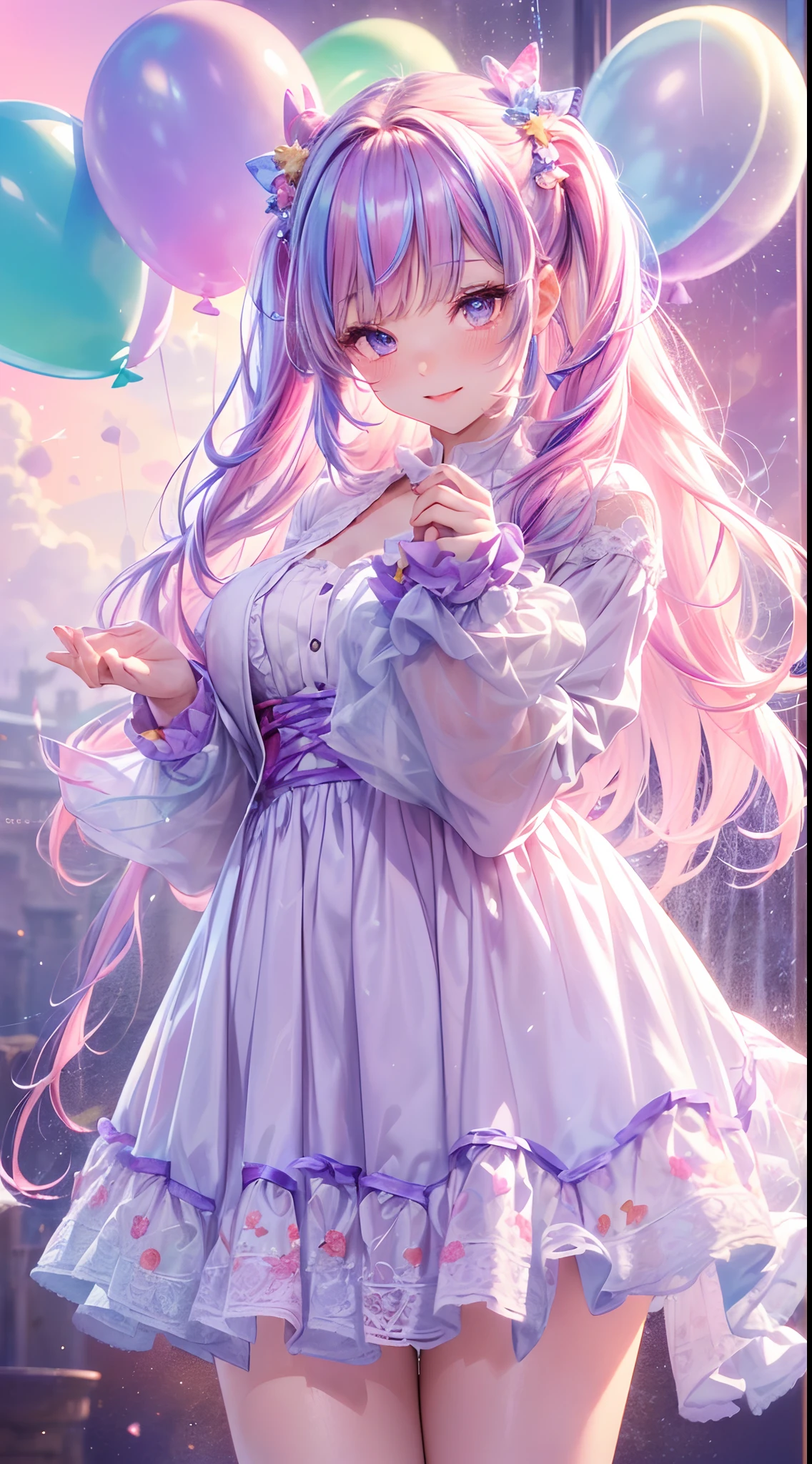 (fullbody, legs and shoes visible: 1.2)) expressive eyes, woman, pale skin, long hair, windblown hair, ((absurdly long hair)), long sidelocks, hime bangs, hair fringe, hair bun, ((very long twintails)), iridescent hair, light pink hair, blushing, full face blushing, big sparkling pastel purple eyes, (gradient eyes), open mouth smile, cute pose, ((holding balloons : 1.3))
((cute and pastel fashion)) ((🌞🥳😃🌹🌷🌳 theme : 1.4)) flowy pastel dress, ((dreamy multicolored open dress)), (floating ribbons), lavender ruffles, pink frills, (light blue lace), detached short sleeves, puffy skirt, ((rainbows and stars print skirt : 1.3)), ta skirt, purple bows, ((pompon ribbons hair ornament : 1.4)), multiple bows, striped lace stockings, (heart shaped leg garter), cute (pastel purple) shoes ((hyperdetailed clothing and fashion)) looking at you, vintage girl, blushing, (beautiful detailed eyes), (extremely detailed CG unity 8k wallpaper) (best shadow), ((an extremely delicate and beautiful)), (detailed light), ((depth of field)) big head, big sparkling eyes, moe, splash art, cinematic lighting, frontal view, volumetric lighting maximalist photo illustration 64k resolution high res intricately detailed complex key visual precise linear
((in the dreamy pastel sky background, surrounded by sunset clouds, shooting stars, castles in the clouds)) ((hyperdetailed scenery, foggy clouds, suspended by balloons, hearts : 1.3))