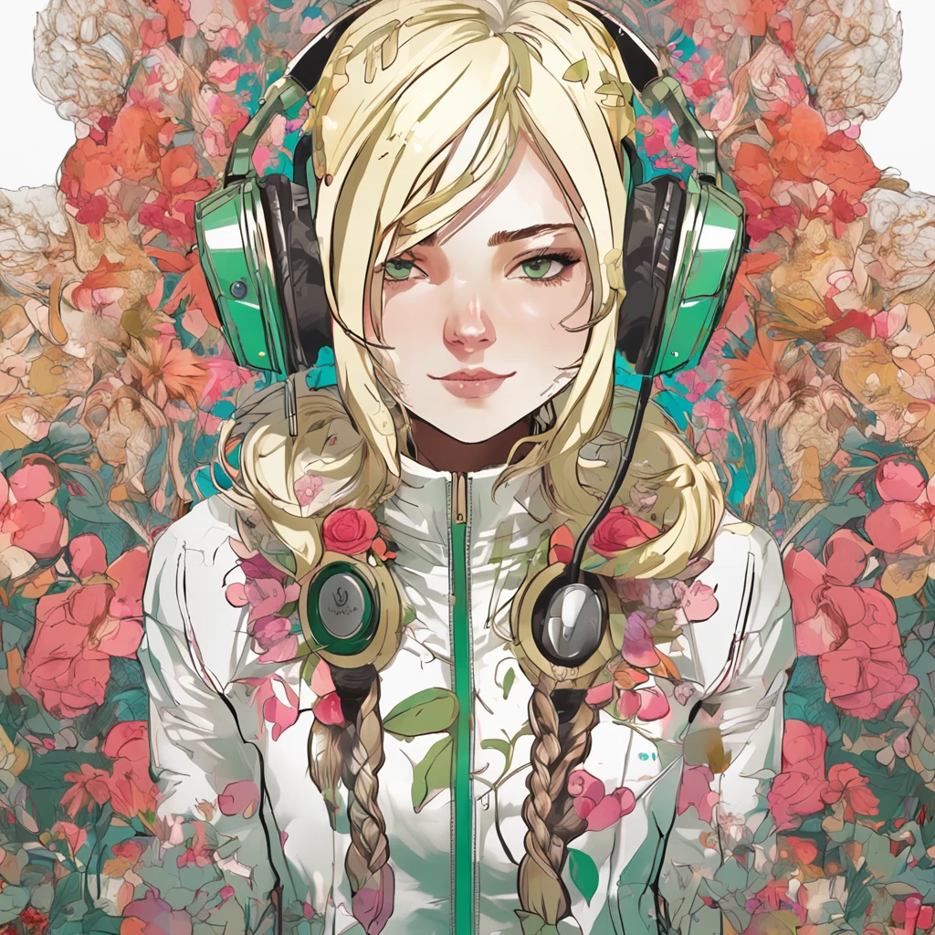 Perfect centering, Cute cat, Wearing a jacket，Blonde gradient hair，with a round face，green-eyed，blossoms，gold coins，UHR，, Wearing headphones, cheerfulness, Standing position, Abstract beauty, Centered, Looking at the camera, Facing the camera, nearing perfection, Dynamic, Highly detailed, smooth, Sharp focus, 8K, high definition resolution, illustration, Art by Carne Griffiths and Wadim Kashin, White background