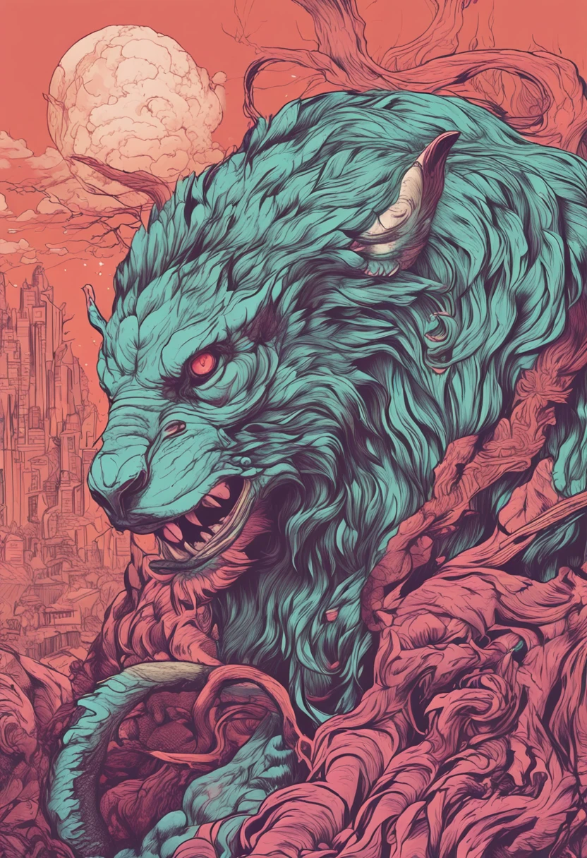 dream colors,tmasterpiece,the detail,film effect,（（Rich in color))，mito，An evil creature, Snake body，Sheep horns，A monkey head，Shiny hair，manticore，Rush to the audience,Line，