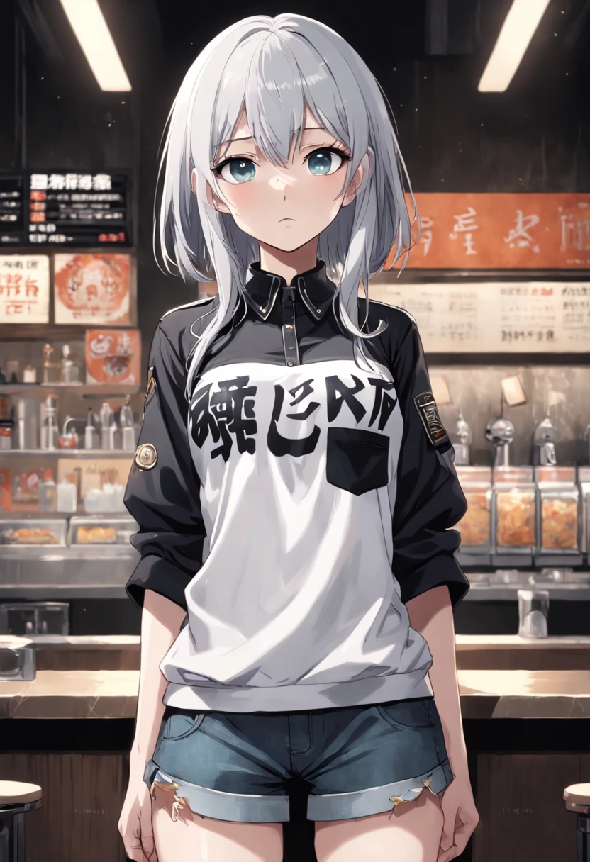 masterpiece, a girl, complex cloth, arms at sides, [upright], virtual youtuber, [[blush]], concept art, solo, 1girl, cowboy shot, full body, looking at viewer, white background, simple background, ,[barista]、,Y-shirt on black background, Black background is skinny, trouser,,extremely delicate and beautiful girl, anime screen cap, well-muscled,20 years old, Short hair,[[Wolfhair]]、 If the bangs are the hair between the eyes, black and silver hair, Two-tone hair, beautiful detailed hair, Beautiful face, deadpan, Clear eyes, Mouth closed、 Delicate hands, Blue eyes, de pele branca, Beautiful accessories, Piercing, a necklace, boots, buttoning, Black clothes,