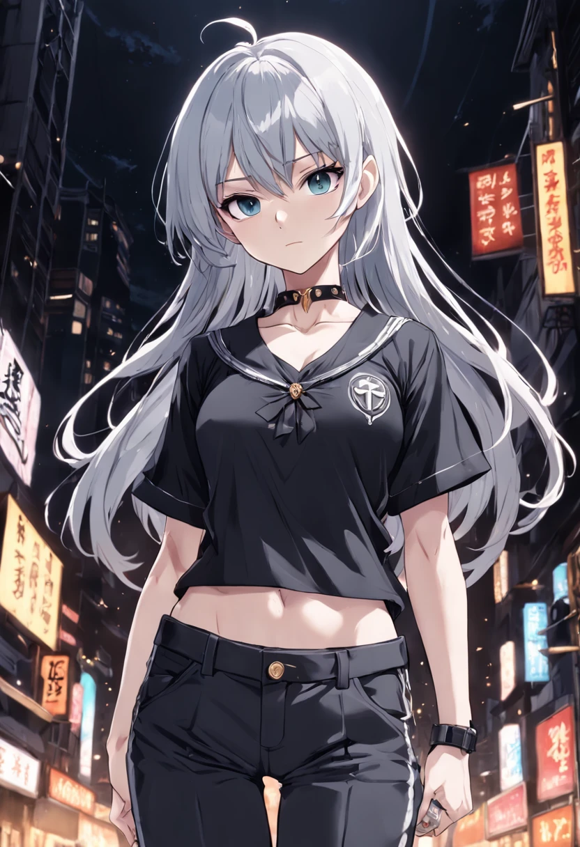 On noisy streets,Beautiful girl in a school uniform with bright makeup, beautiful portrait of a stunning goddess girl, beautiful detailed face, porcelain skin, Half body shot, are in the center,(he's black,navel:1.2),((Rays of moonlight,night,Big neon,Strong neon lights,The edge is illuminated,two colored lanterns))),