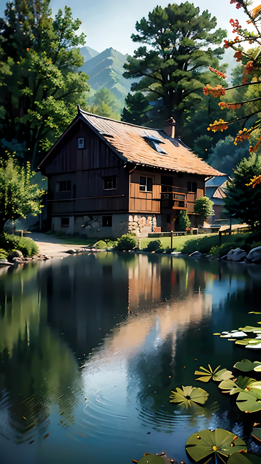 tmasterpiece,top-quality,Green water,There are green lotus leaves,There is a duckling swimming,rays of sunshine,in the early morning,The wooden watermill is turning lush,foliage,Willow branches hanging down from the top of the picture,(Leaves on the water:1.0),Lee Jeffries D850 film photo by Nikon 4 kodak portra 400 camera f1.6 The lens is colorful,Realistic textures,Lighting trends dramatized on the Unreal Engine art station CINESTIL800
