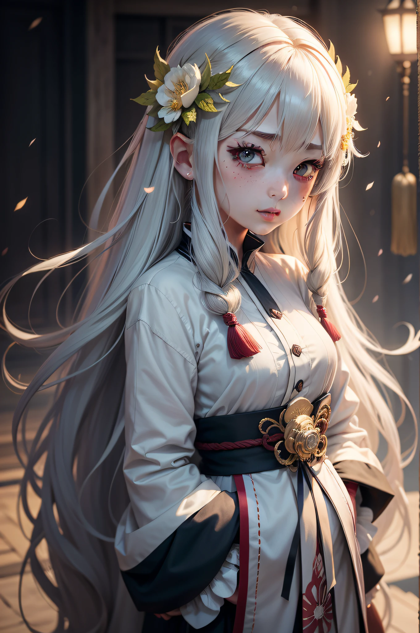 long whitr hair, Expressive hair, kanzashi, Hairbell, shairband, leaf hair ornament, Moles under eyes, covering ears, stereograms, Atmospheric perspective, romanticism lain, Ukiyo-e, Impressionism, Cinematic lighting, filmgrain, Fuji colors, tachi-e, 8K, Super detail, Best quality, A high resolution, High details, Textured skin, ccurate