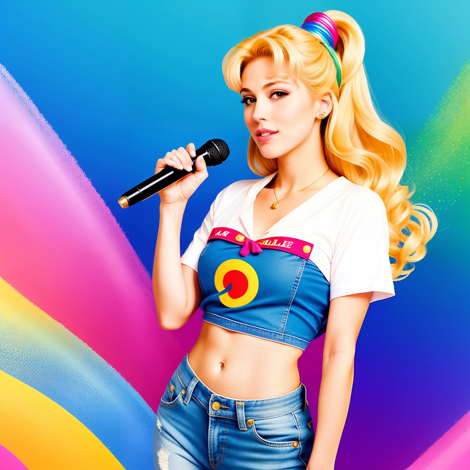 "(Mature and realistic portrayal:1.2) Sailor Moon exuding confidence as she holds a microphone, her blonde hair cascading down, adorned in stylish rainbow denim clothes from the 2000s, with a backdrop filled with donuts."