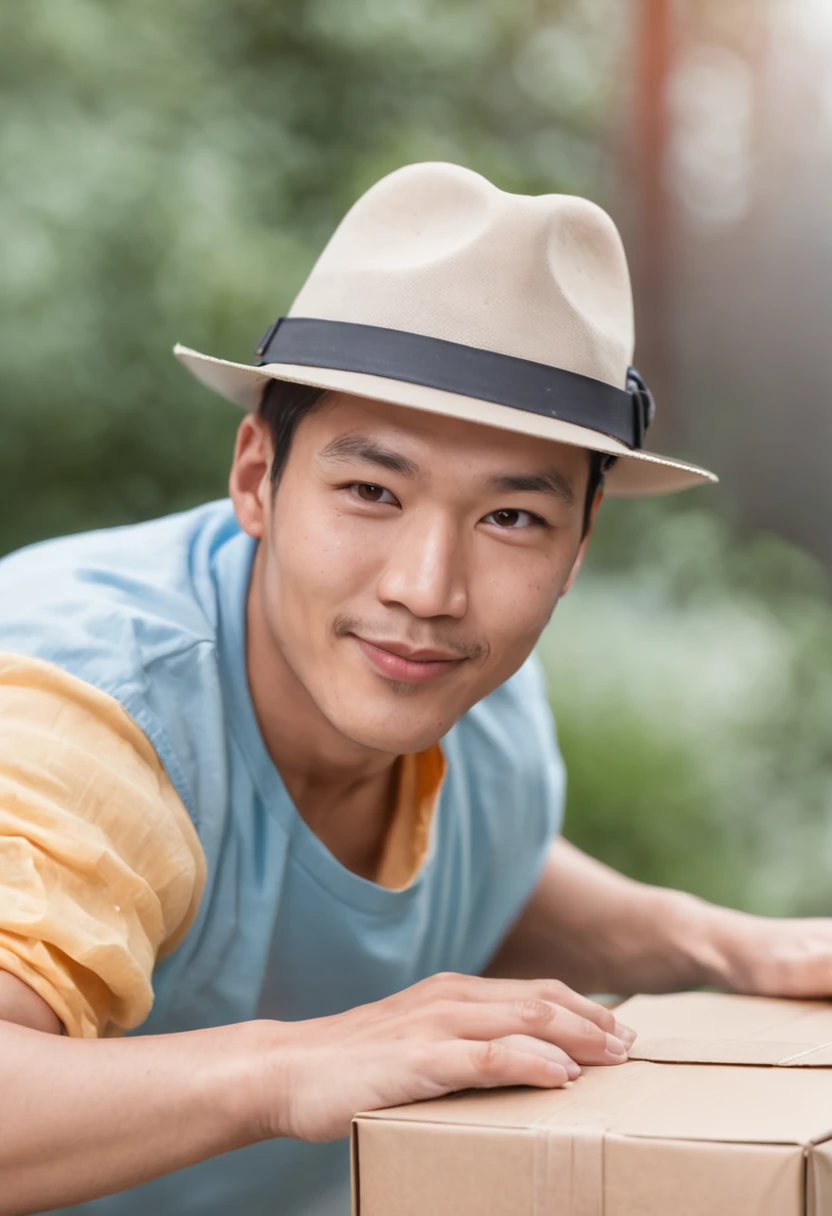 fundo vermelho,Asian man with pleasant expression,Wear a blue shirt and hat,Carry two large parcel boxes,Give a thumbs up to Amazon packages,high quality product,Vector illustration
