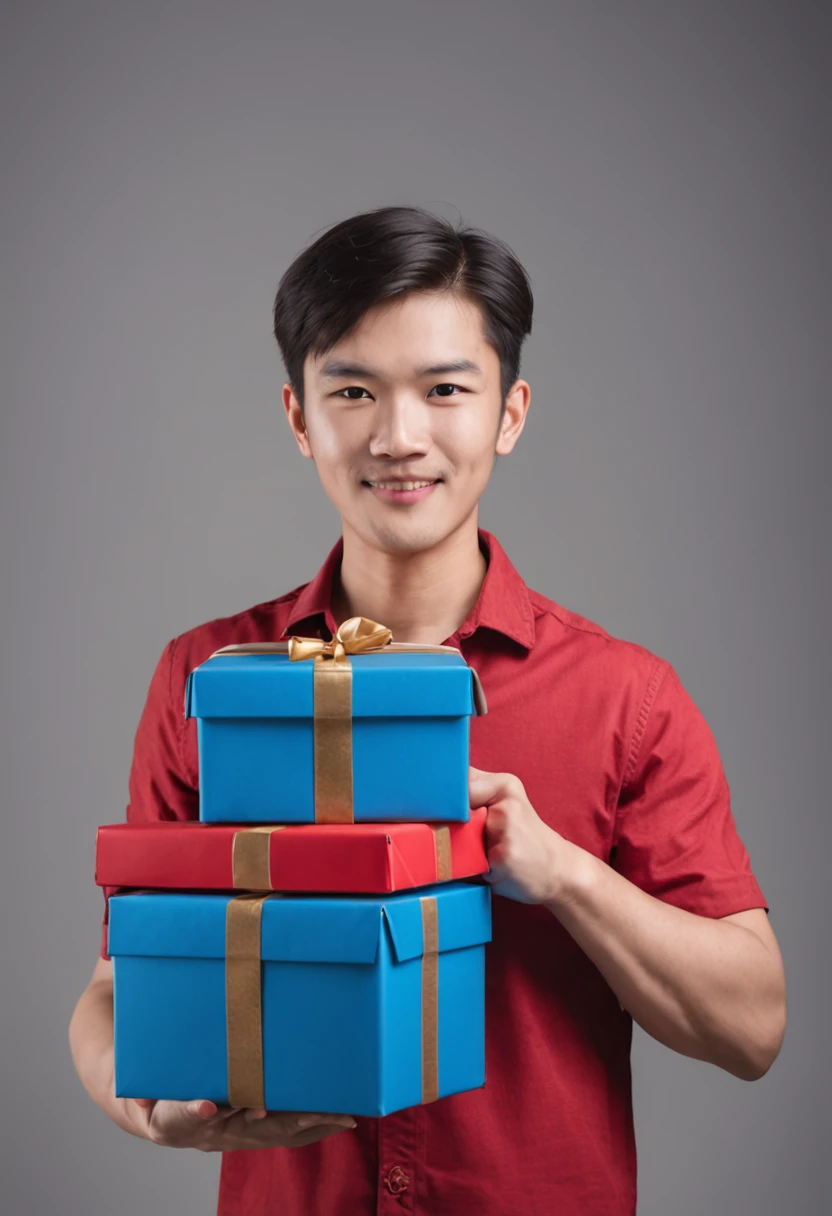 fundo vermelho,Asian man with pleasant expression,Wear a blue shirt and hat,Carry two large parcel boxes,Give a thumbs up to Amazon packages,high quality product,Vector illustration