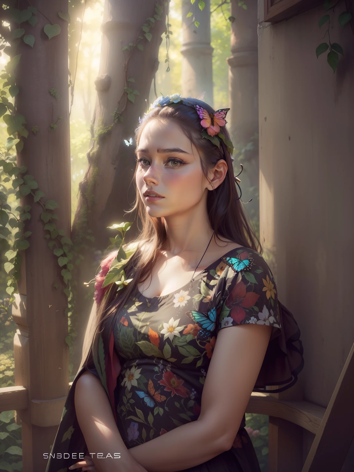 High resolution quality, realistic face, HDR, Flowers on head, nature background, butterfly on head