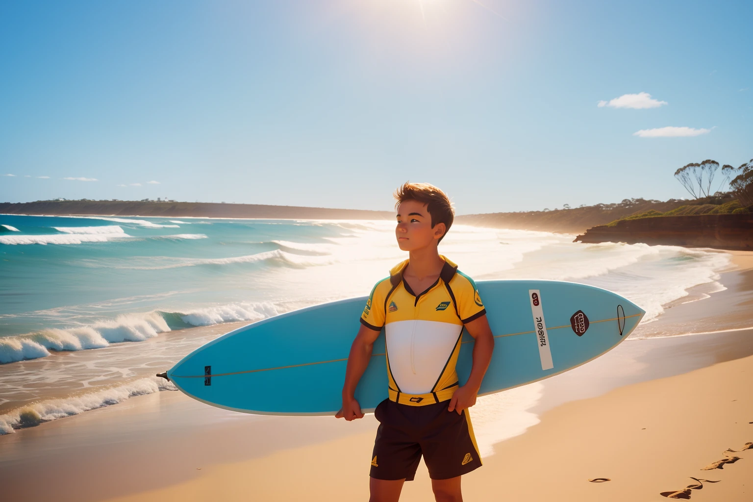 Date: 1999
Location: Australia
Description: A teenager poses with a surfboard against the backdrop of an Australian beach, the golden sunlight capturing his mix of anticipation and exhilaration.