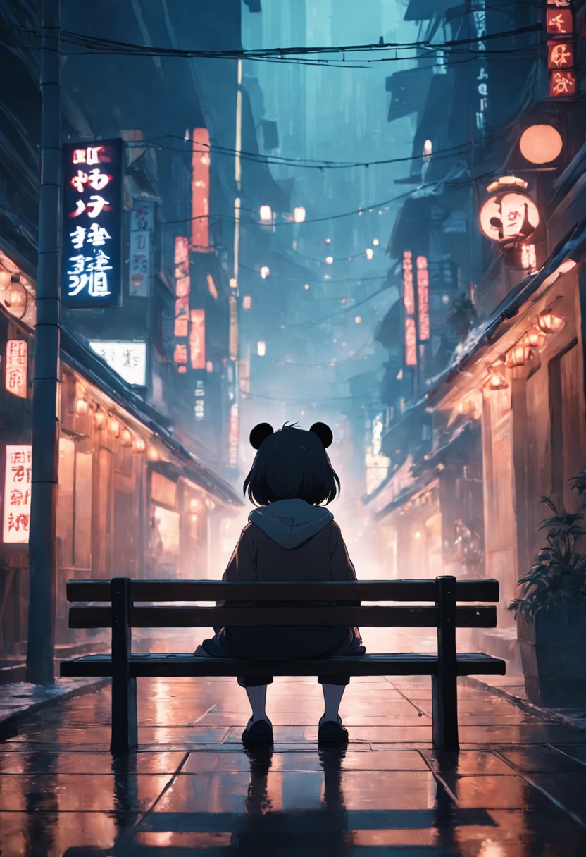 Panda sitting on a bench, Face away from the camera，shot from a far distance，tmasterpiece, best qualityer, cinematic Film still from, Soft lighting and warmth