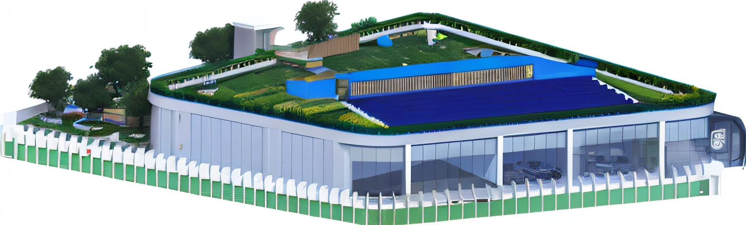 Renderings of a house with a green roof and a blue roof, A digital rendering, a digital rendering, Detailed rendering, artistic impression, conceptual rendering, building rendering, zoom out view, isometric perspective view, Vegetation roof, artistation render, rooflgarden, close establishing shot, establishing shot, a digital rendering, photorender, conceito, artist impression, architectural render