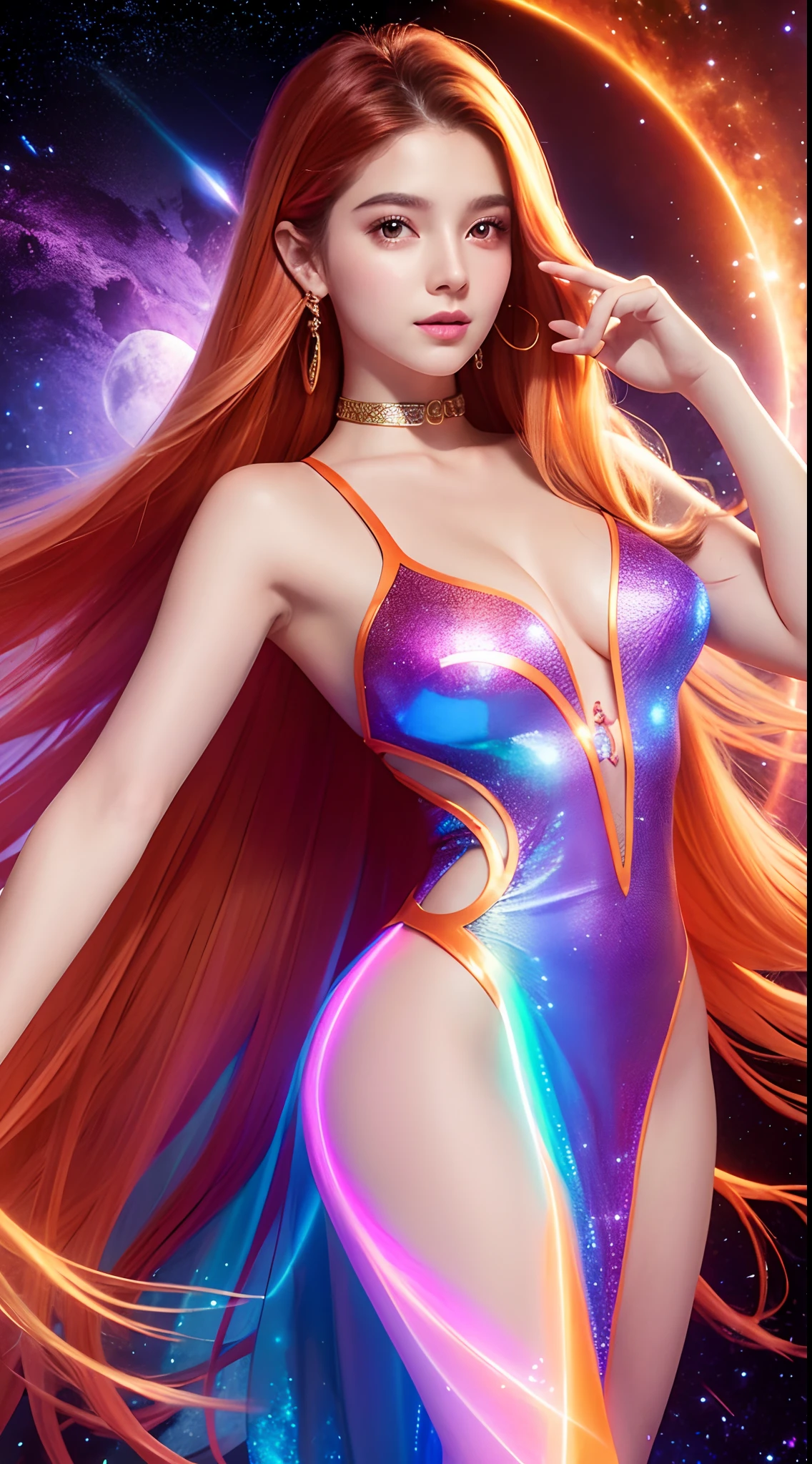 4K ultra hd, masterpiece, a girl with a magical aura, good face, long hair, shining hair, detailed eyes, glossy lips, wearing a dress in color orange, aura around the body, magical effects, spreading white and orange lights, Cosmic elements and ethereal atmosphere, A mix of bright lights and colorful nebulas, universe background, attractive pose, whole body capture.
