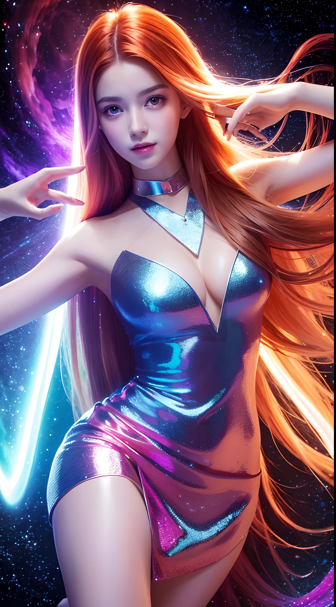 4K ultra hd, masterpiece, a girl with a magical aura, good face, long hair, shining hair, detailed eyes, glossy lips, wearing a dress in color orange, aura around the body, magical effects, spreading white and orange lights, Cosmic elements and ethereal atmosphere, A mix of bright lights and colorful nebulas, universe background, attractive pose, whole body capture.