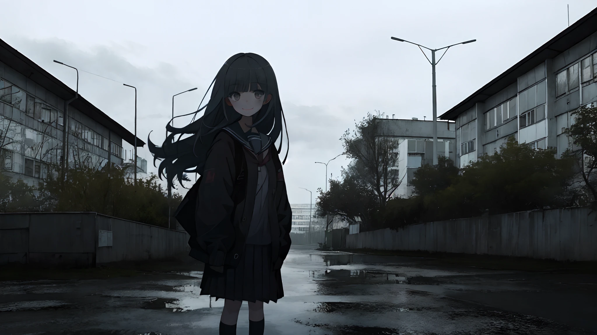 anime, poor quality, post-Soviet space, 1girl, gloomy, smile, indifferent eyes, school clothes, at the iron fence, in front of the panel building, bad weather, (full body), good eyes, fancy eyes, fancy hair, good face, windbreaker