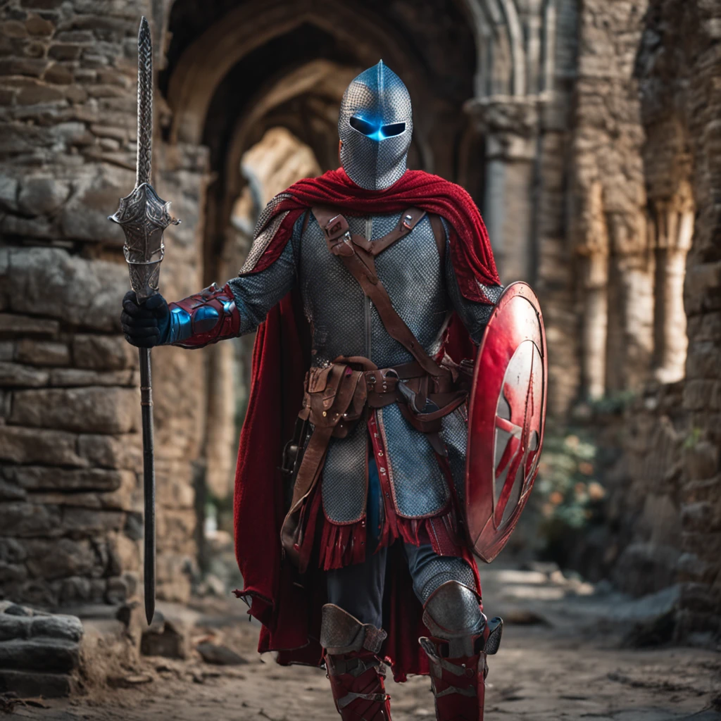 Marvel at the magical spider - the man who served as a medieval themed knight, Full set of red and blue glittering armor, Intricate details, Depicted in action poses, holds a spear, Medieval town in the background, Photorealistic, Dramatic lighting, Beautiful color grading, 8K resolution, Shot with Canon EOS C70 RF24–105mm lens