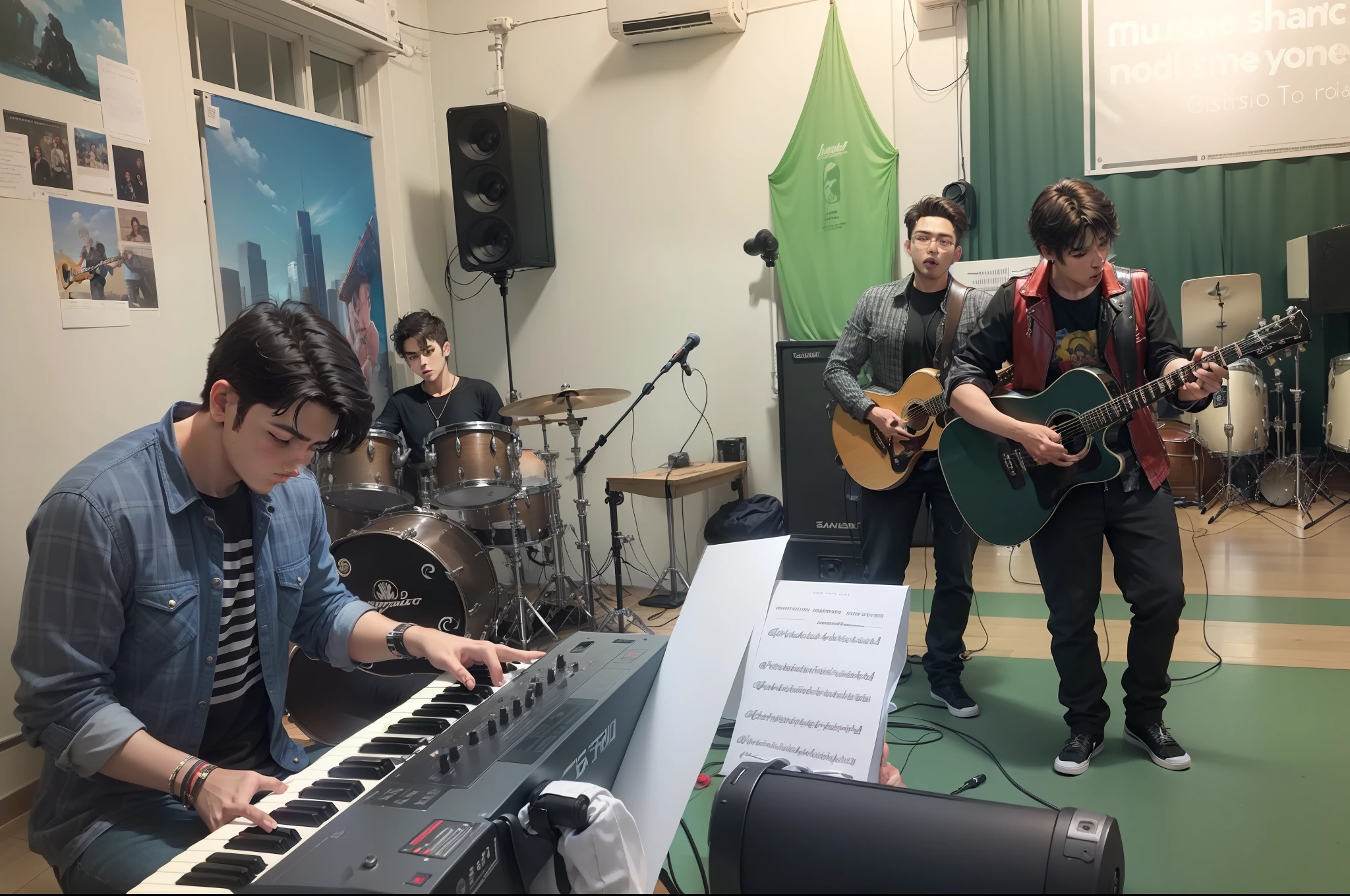 Music band ,boy band,masterpiece picture,play guitar,play piano,play drum