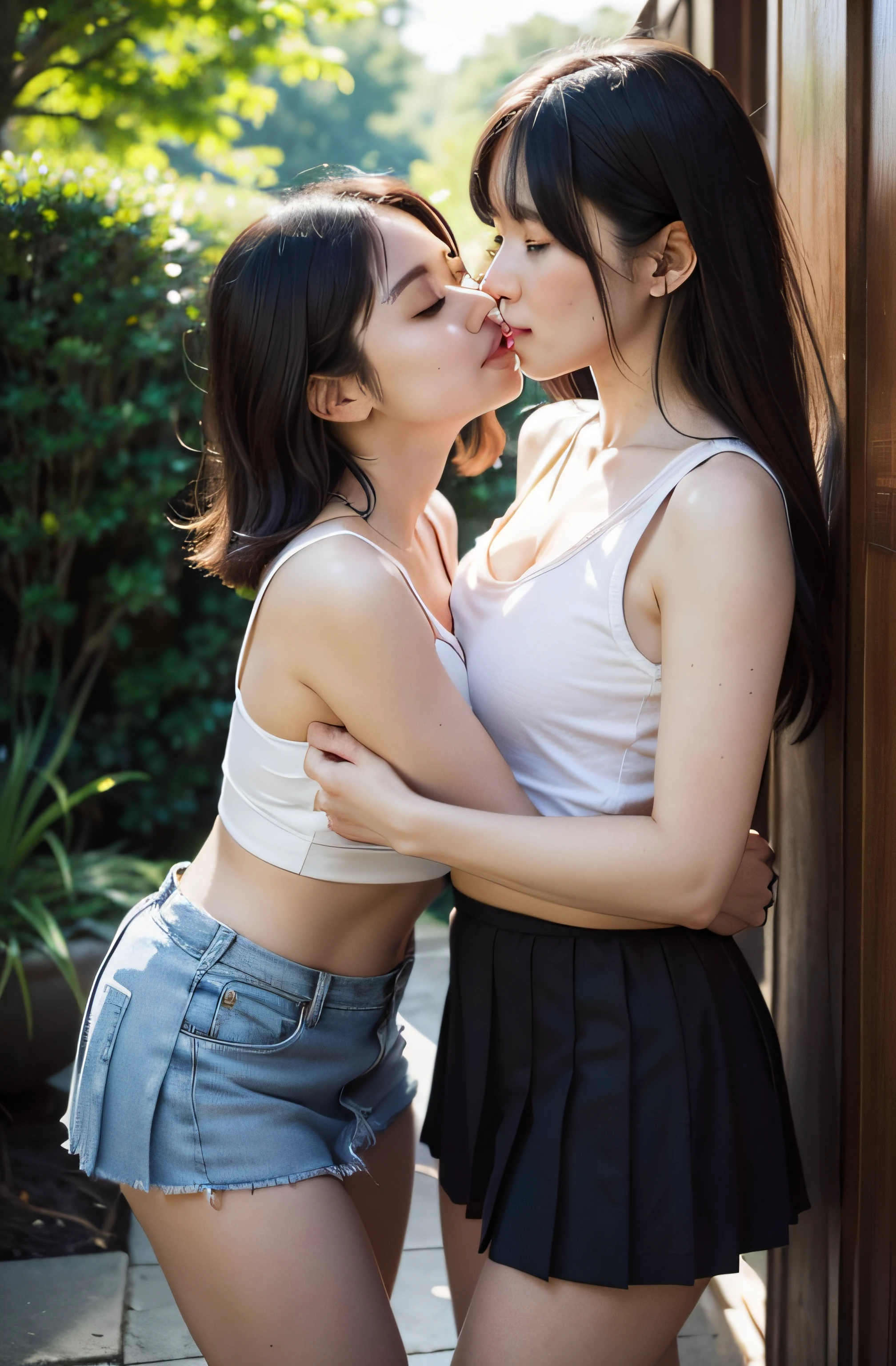 Realistic,Photorealistic,RAW photogr,2 women having fun,leering:1.2, Super big eyes:1.5,lecherous:1,2, Hentai:1,2, NSFW:1,2, Lesbian Yuri:1,2, Kissing, Blushing, Wear a tank top and pleated miniskirt, Hot summer days