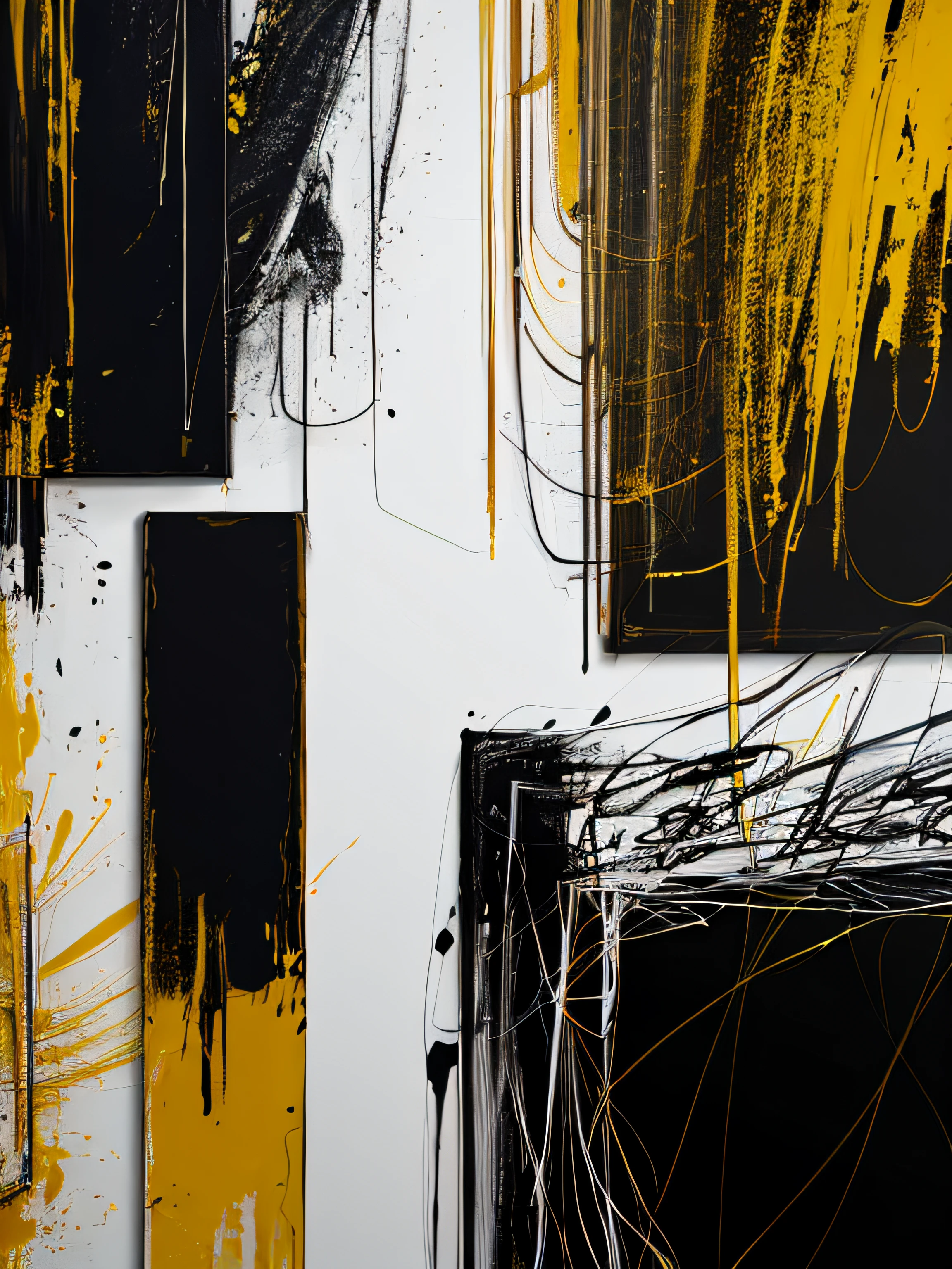 Abstract painting with yellow black and white painting, highly abstract, Inspired by Jose Lifrinks, Inspired by Hans Hartung,Black gold abstract painting, the nonlinear. Digital painting,  Abstract drawing techniques, detailed abstract, expressive digital painting, digital mixed media painting, abstract conceptual