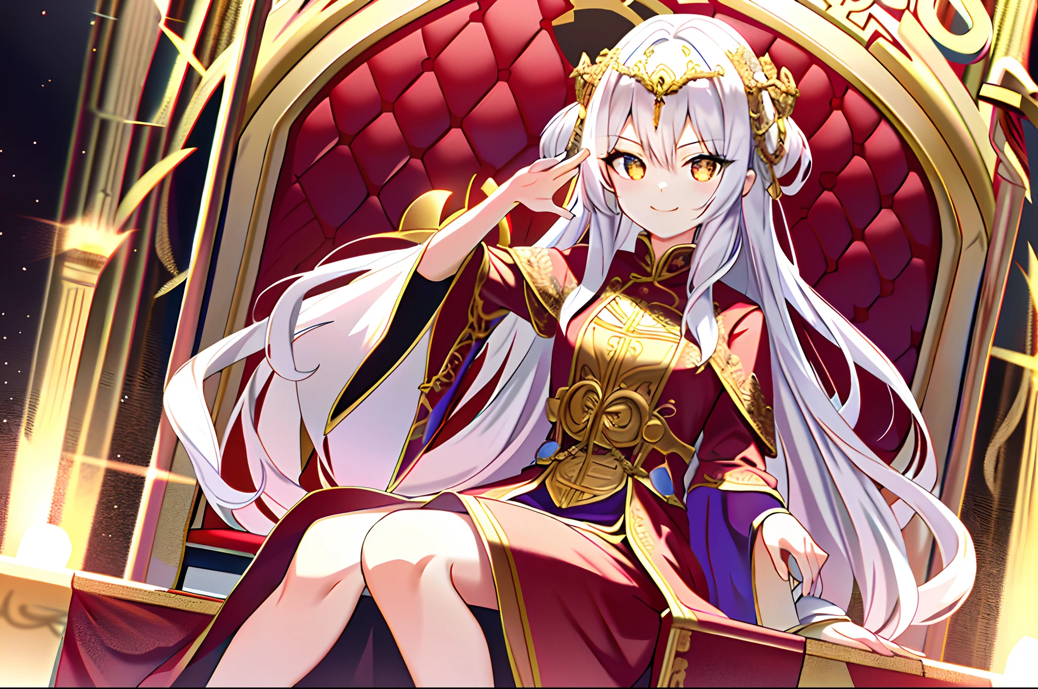 教皇 full body,on a scepter,Sit on the throne,((robe with an intricate pattern)),(1 girl)，(solo),(cute anime face),golden eyes,white hair,Long hair, smile,halo,(sit on the low throne),in magnificent castle,