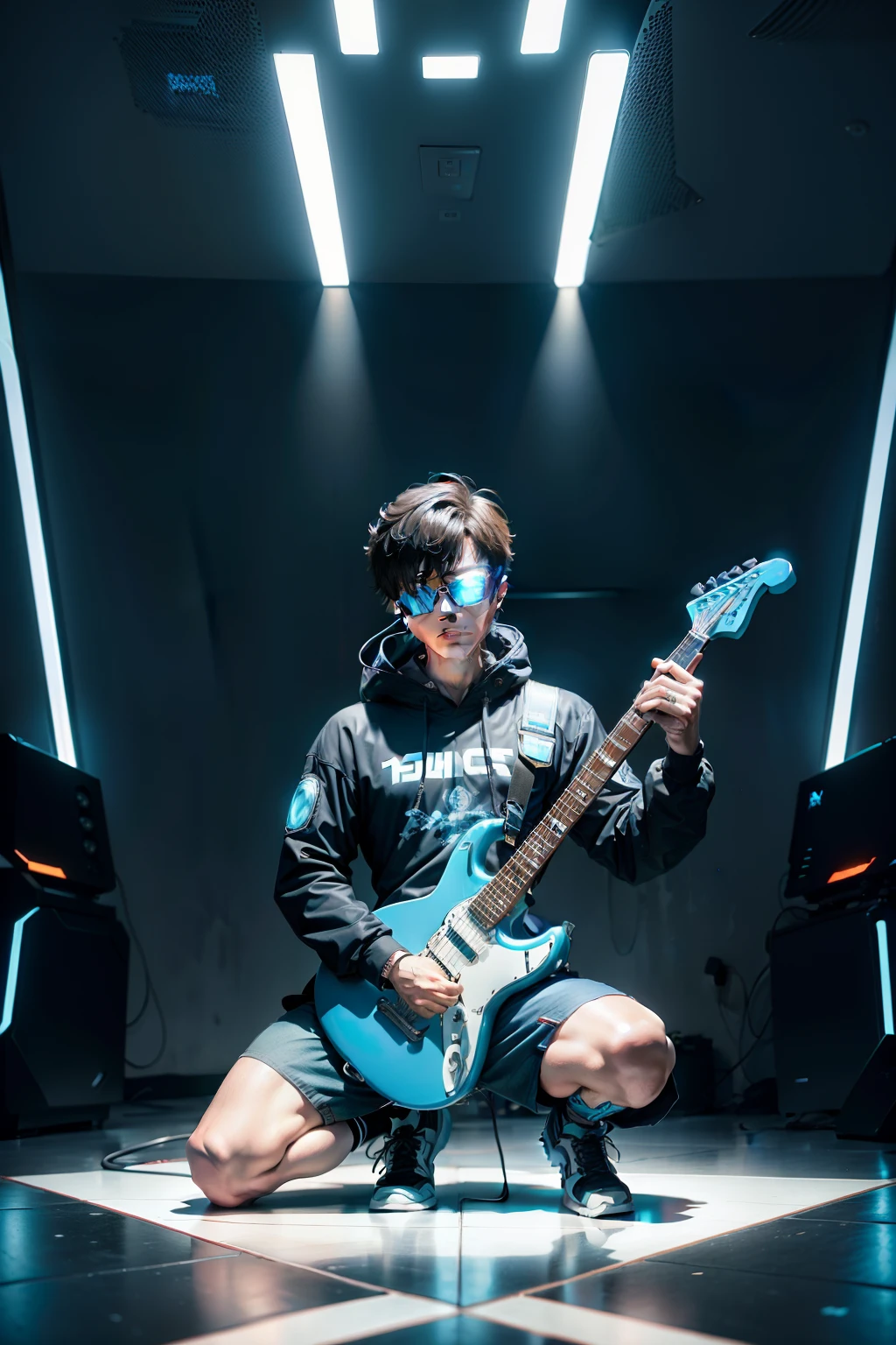 Hale Brothers cartoon character villain，Wearing mecha clothes，Wearing science fiction glasses，Wild smiley，Half-kneeling position，Holding a Haier floor scrubber，Pretend to play guitar pose，Dynamic，Cyberpunk background。
