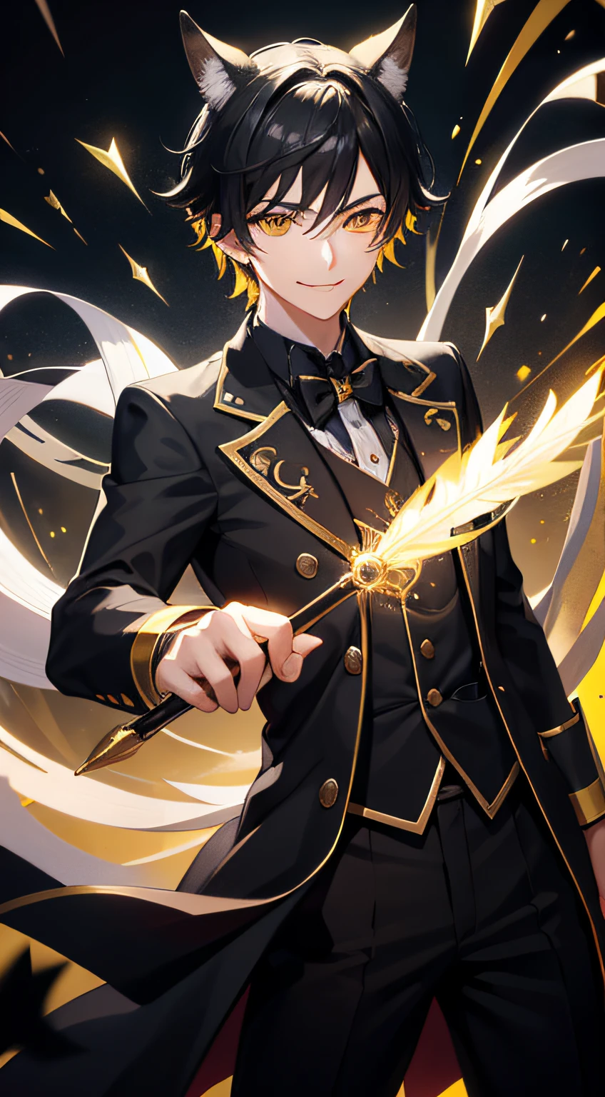 Young guy, Black hair with blonde strands, Yellow eyes, black rabbit ears, Smile, quill and magic, Masterpiece, hi-quality, dynamic angle, flouting, (magic effects:1.3), (magical boy outfit), short hair,