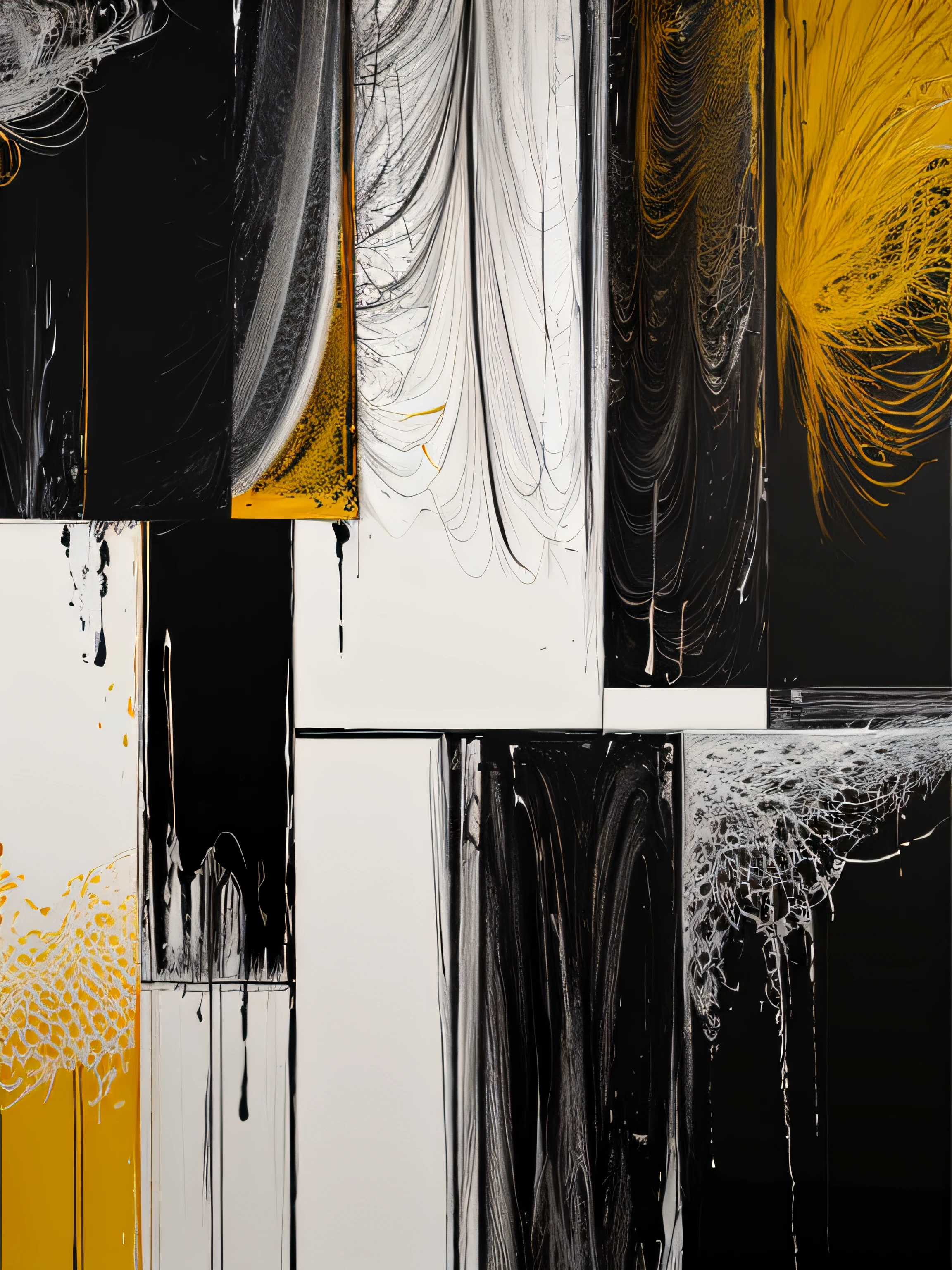 Abstract painting with yellow black and white painting, highly abstract, Inspired by Jose Lifrinks, Inspired by Hans Hartung,Black gold abstract painting, the nonlinear. Digital painting, Abstract drawing techniques, detailed abstract, expressive digital painting, digital mixed media painting, abstract conceptual