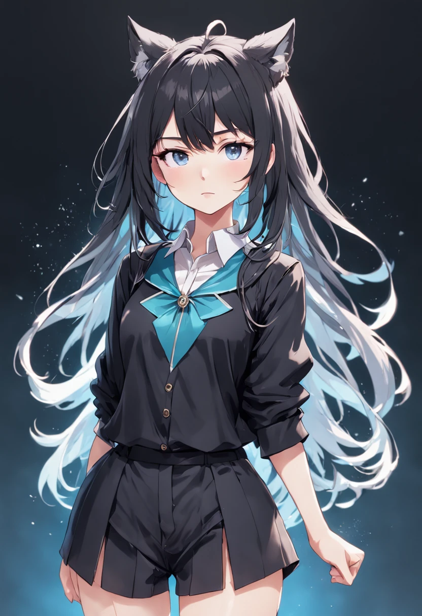 white background, [simple background],masterpiece, a girl, complex cloth, arms at sides, [upright], virtual youtuber, [[blush]], concept art, solo, 1girl, cowboy shot, full body, looking at viewer,  ,[[barista]]、,Y-shirt on black background, Black background is skinny, trouser,buttoning, Black clothes,,extremely delicate and beautiful girl, anime screen cap, well-muscled,20 years old, Short hair,[[Wolfhair]]、 If the bangs are the hair between the eyes, black and silver hair, Two-tone hair, beautiful detailed hair, Beautiful face, deadpan, Clear eyes, Mouth closed、 Delicate hands, Blue eyes, de pele branca, Beautiful accessories, Piercing, a necklace, boots,