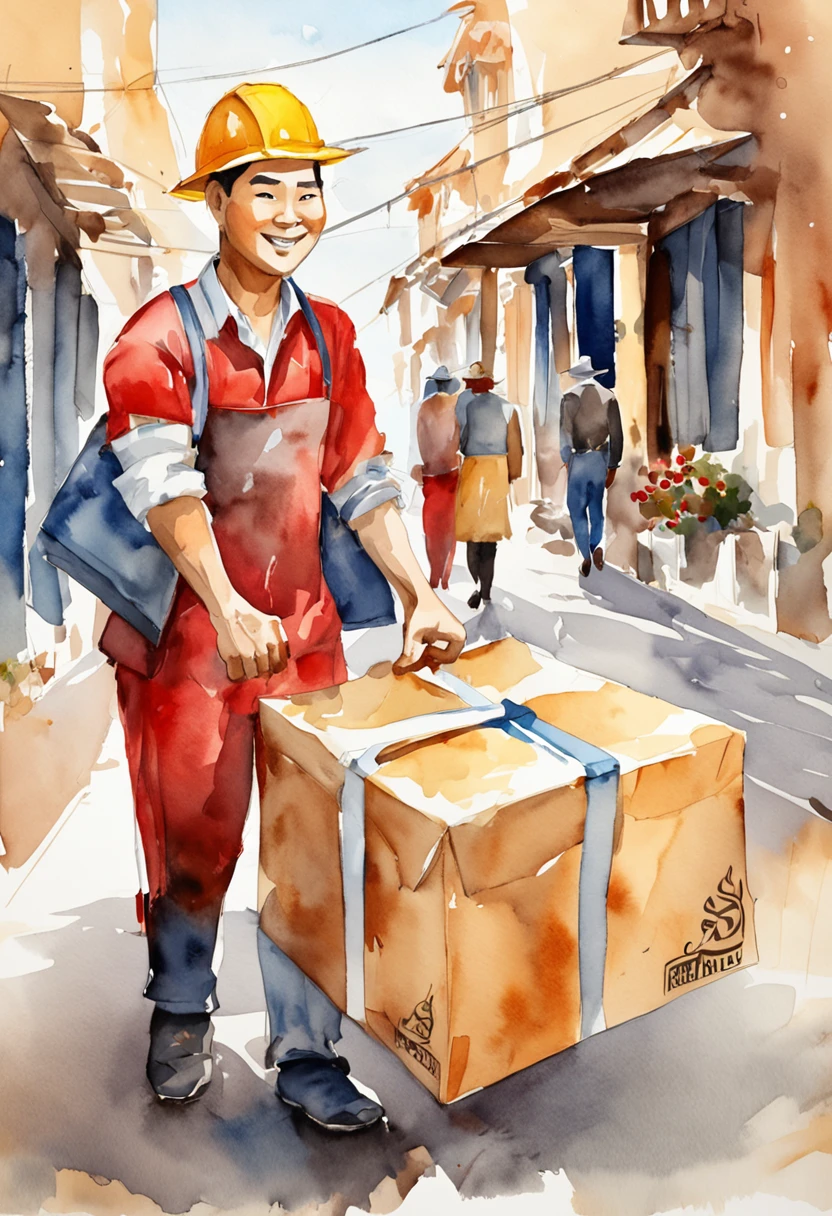 fundo vermelho，Asian man with pleasant expression，Wear a blue shirt and hat，Carry two large parcel boxes，Give a thumbs up to Amazon packages，high quality product，Vector illustration