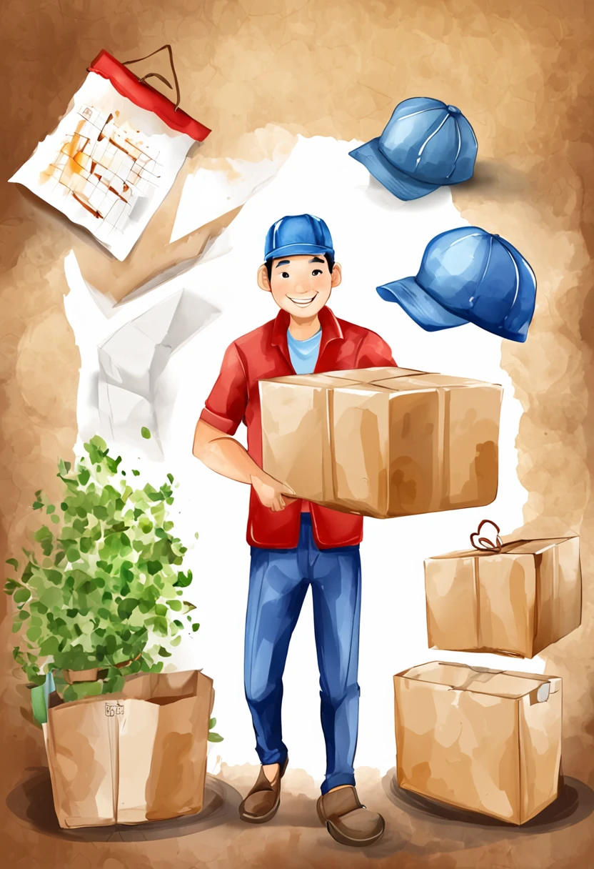 fundo vermelho，Asian man with pleasant expression，Wear a blue shirt and hat，Carry two large parcel boxes，Give a thumbs up to Amazon packages，high quality product，Vector illustration