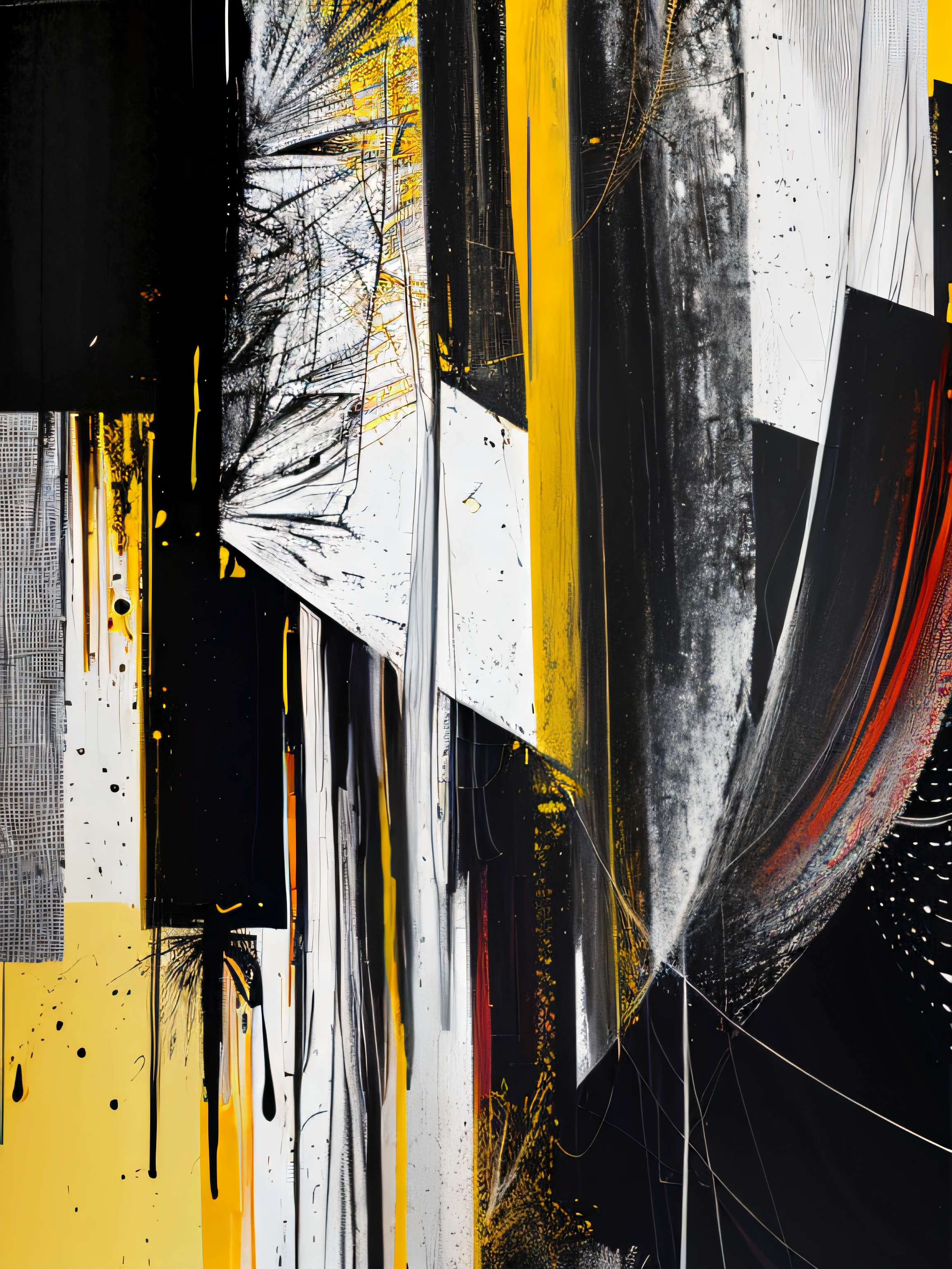 Abstract painting with yellow black and white painting, highly abstract, Inspired by Jose Lifrinks, Inspired by Hans Hartung,Black gold abstract painting, the nonlinear. Digital painting, Abstract drawing techniques, detailed abstract, expressive digital painting, digital mixed media painting, abstract conceptual