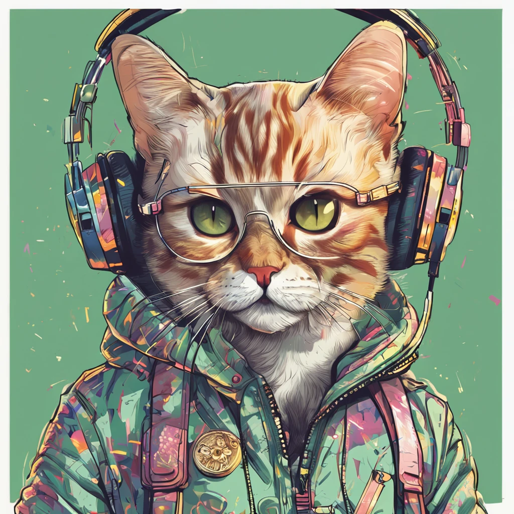 Perfect centering, Cute cat, Wearing a jacket,Blonde gradient hair,Round-faced cat,green-eyed,blossoms,gold coins,UHR,, Wearing headphones, cheerfulness, Standing position, Abstract beauty, Centered, Looking at the camera, Facing the camera, nearing perfection, Dynamic, Highly detailed, smooth, Sharp focus, 8K, high definition resolution, illustration, Art by Carne Griffiths and Wadim Kashin, White background