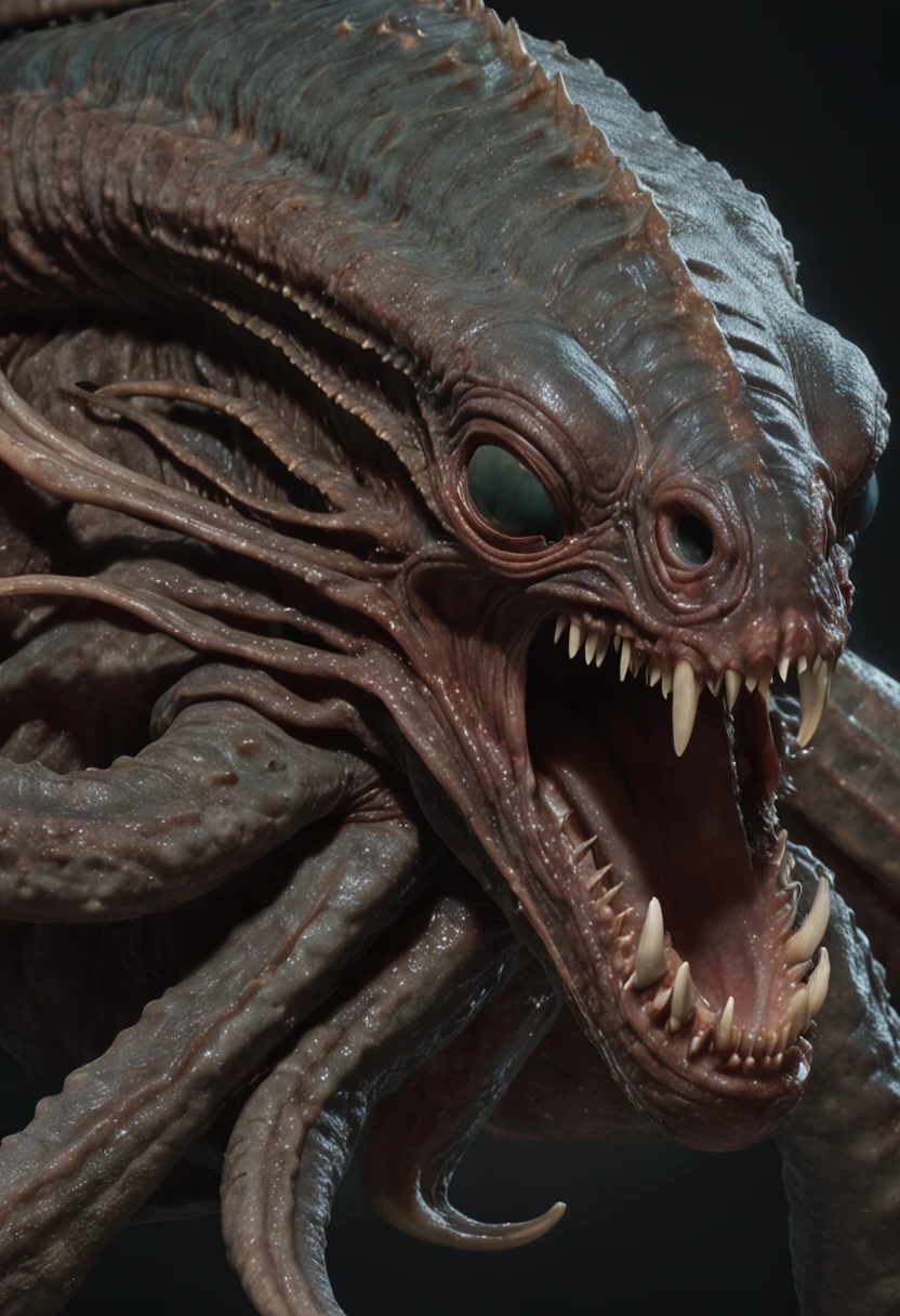 Tentacles creature, brownish skin, small dark and sharp eyes, small head, in a dimly lit barn, sharp and creepy teeths, long tongue, long wide and thick viscous tentacles, no legs and no hands