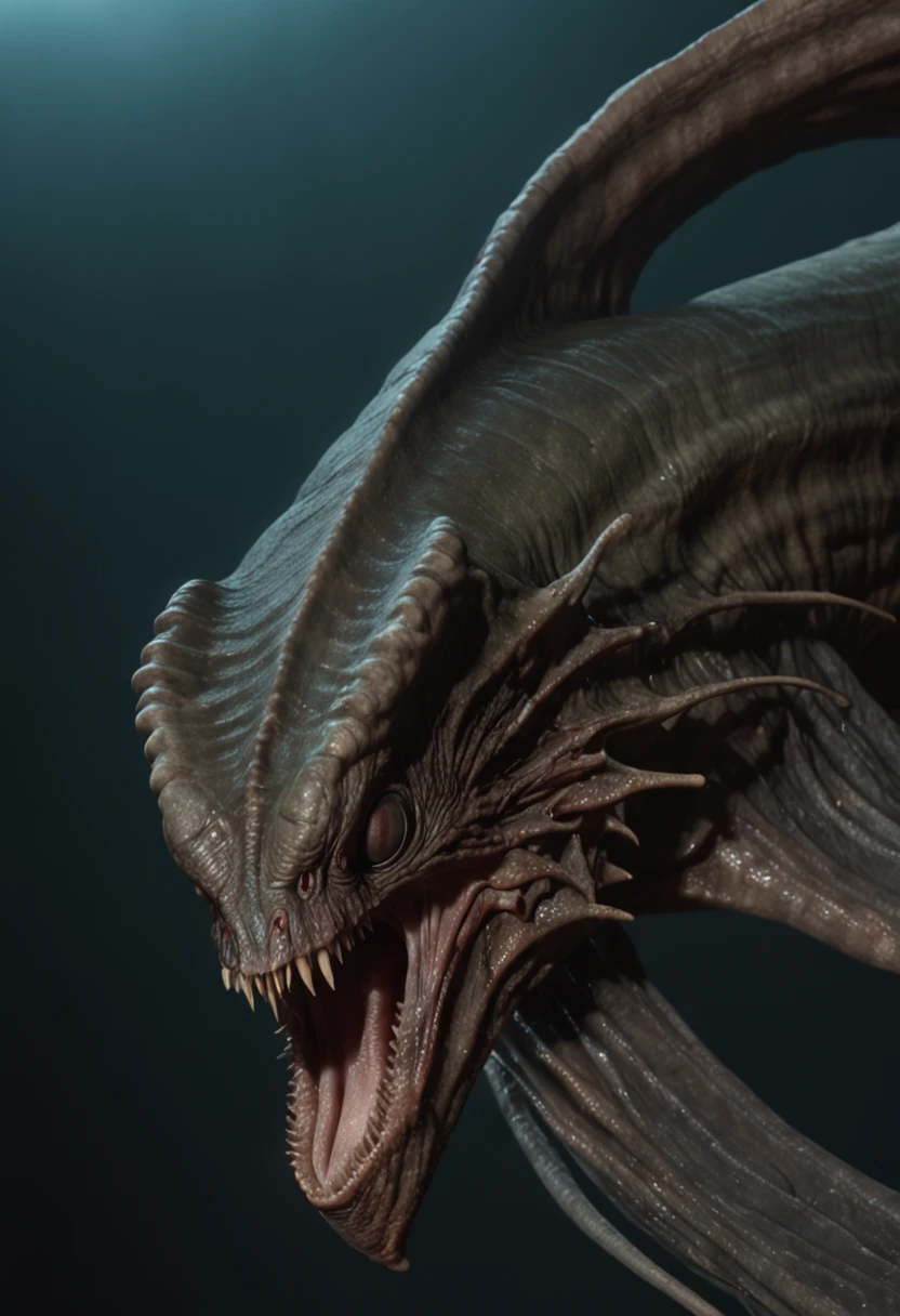 Imagine a gigantic creature, approximately 3 meters tall. Their skin is thick and scaly, of a dark greenish tone, quase negro, reflecting an opaque light that gives a wet, slimy appearance. His eyes are large and yellow, with vertical pupils like those of a reptile. It has a wide mouth full of sharp, jagged teeth, exhaling fetid breath. Your hands have long, sharp claws, with fingers that look more like tentacles. Its legs are muscular and end in feet that look like a mix of feline paws and hooves.. in back, there is a series of spines that run from the neck to the tail, which is long and ends in a sharp point. His roar is deep and reverberates like thunder, capable of freezing anyone with fear.