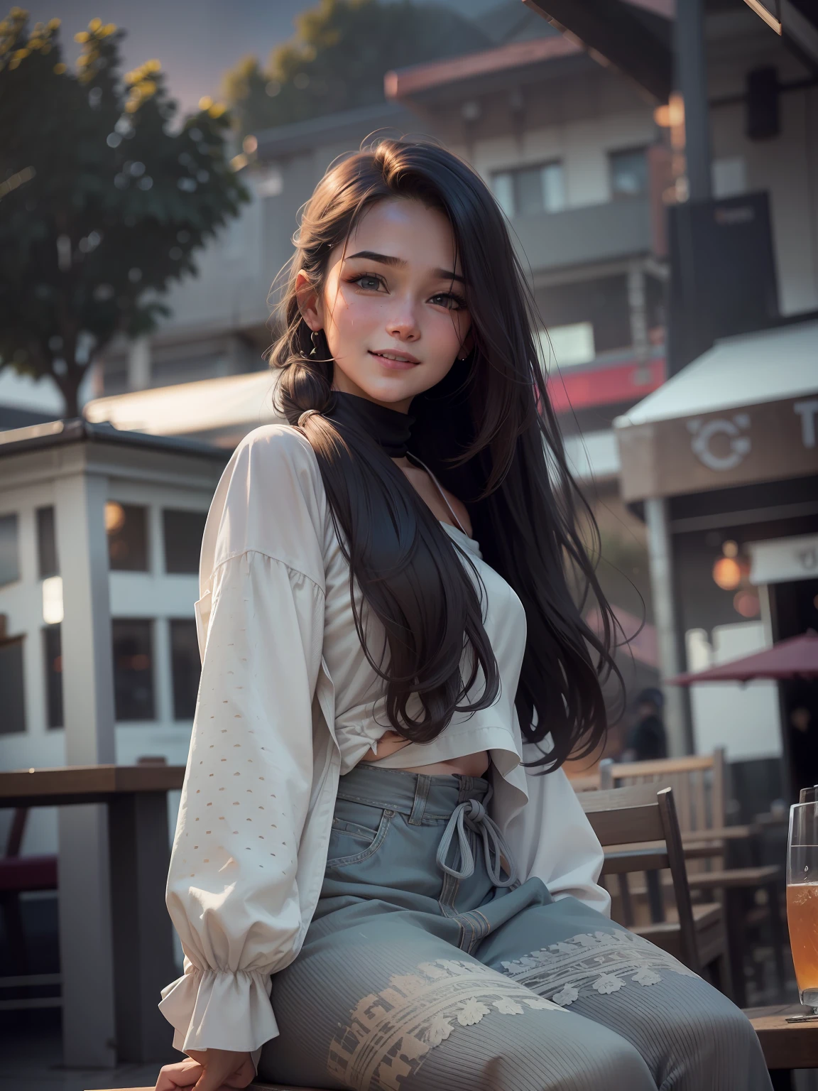 A girl is laughing and sitting outside the restaurant.sunset time.moody colour.loughing face.Keep her face real.realistic face colour.real face.ultra realistic.full sleeves top