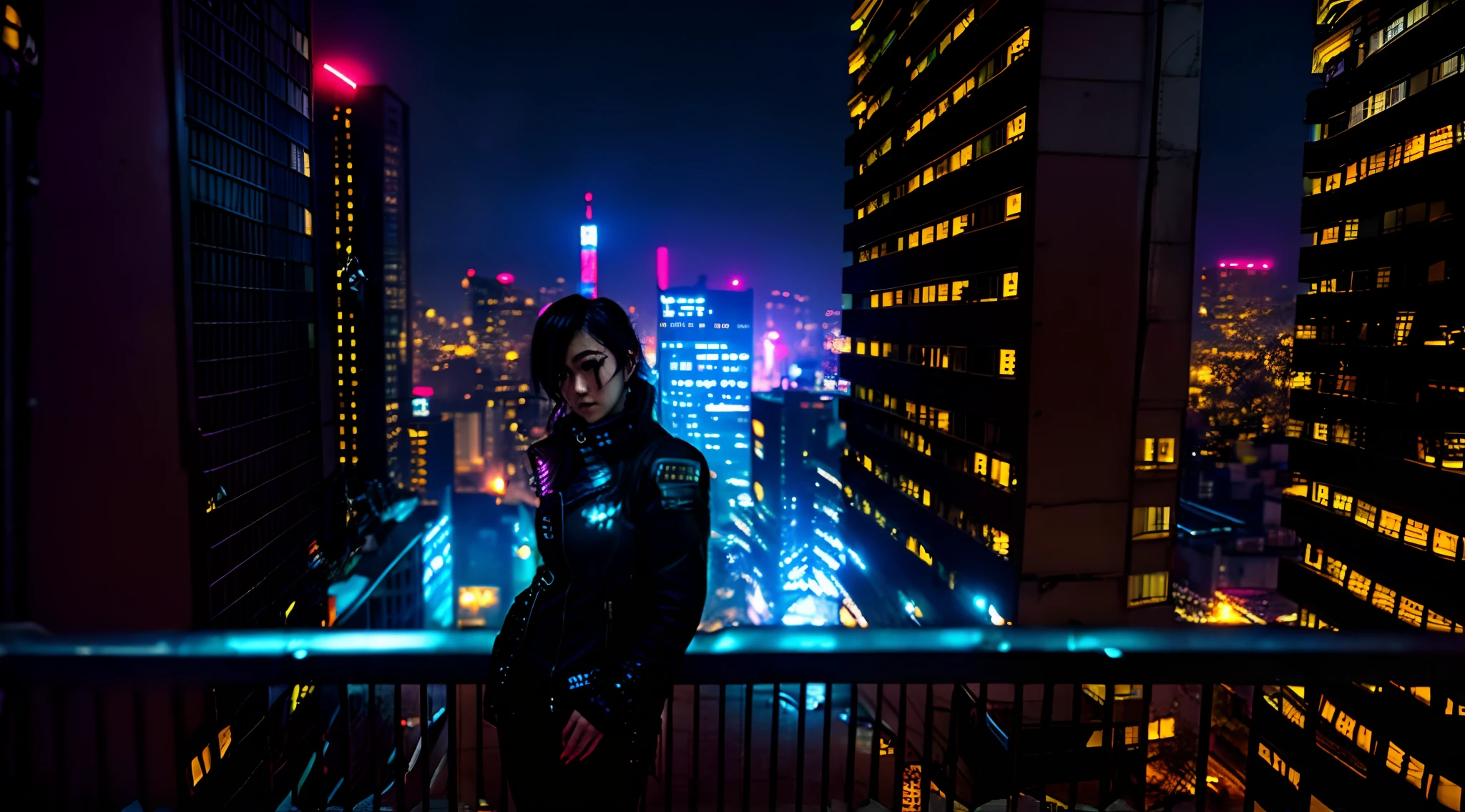 arafed woman standing on a balcony in a city at night, gothic city streets behind her, in cyberpunk city, photograph of a techwear woman, cyberpunk photo, urban fantasy style, neo noir style, on tokyo cyberpunk night rooftop, overlooking a modern city, set in tokyo rooftop, in front of a sci fi cityscape, in a cyberpunk city