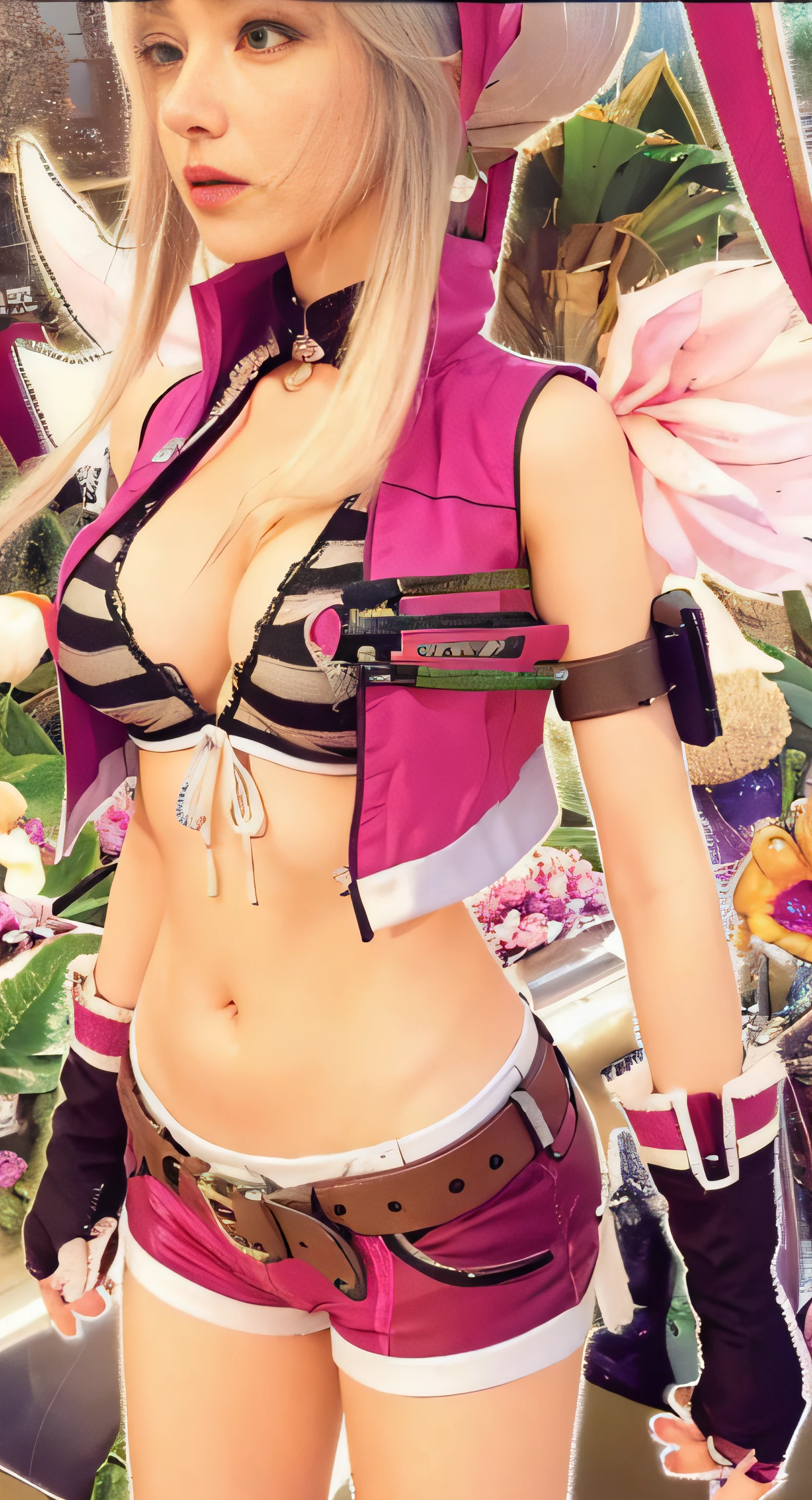 a woman in a pink outfit next to a tree, fuchsia skin, fuchsia skin below the armor, sharp silver armor fuchsia skin, close up tiro de meio corpo, fuchsia skin beneath the armor, parte superior do corpo close up, wearing shiny breastplate, maple story gun girl, bright fuchsia skin, Pele Fuschia, tinyest midriff ever