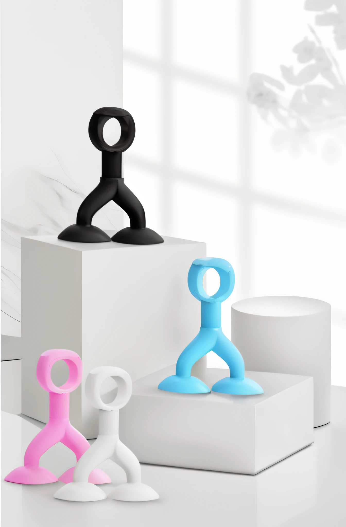 There are three figurines of different colors on the pedestal, product introduction photos, product - view, Various colors, Official product image, product introduction photos, 3d product, Product photo,Middle Metaverse, Handsome, spoon slim figure, 2 colours, product image，Photography is real，Realistic photographic rendering，detailed archviz render，photographyrealism，with photorealistic lighting，Authentic style，Authentic images, Photorealistic rendering