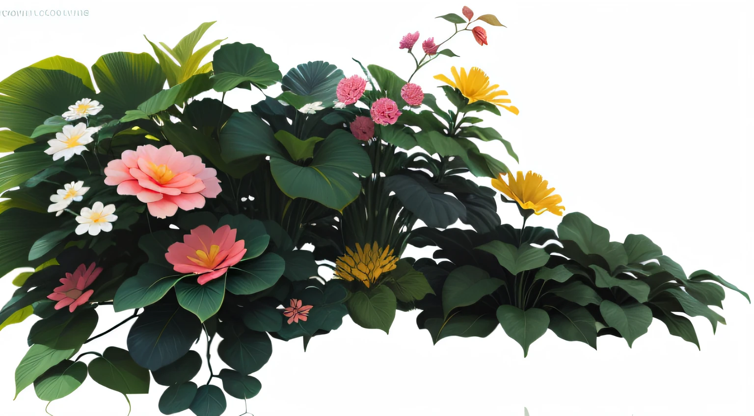 In the garden in the afternoon sun，It has flowers and leaves on it, in style of digital painting, the platonic ideal of flowers, digital oil on canvas, floral environment, surreal waiizi flowers, low details. Digital painting, lush plants flowers, floral growth, with colorful flowers and plants, high detail digital painting, nature and floral aesthetics