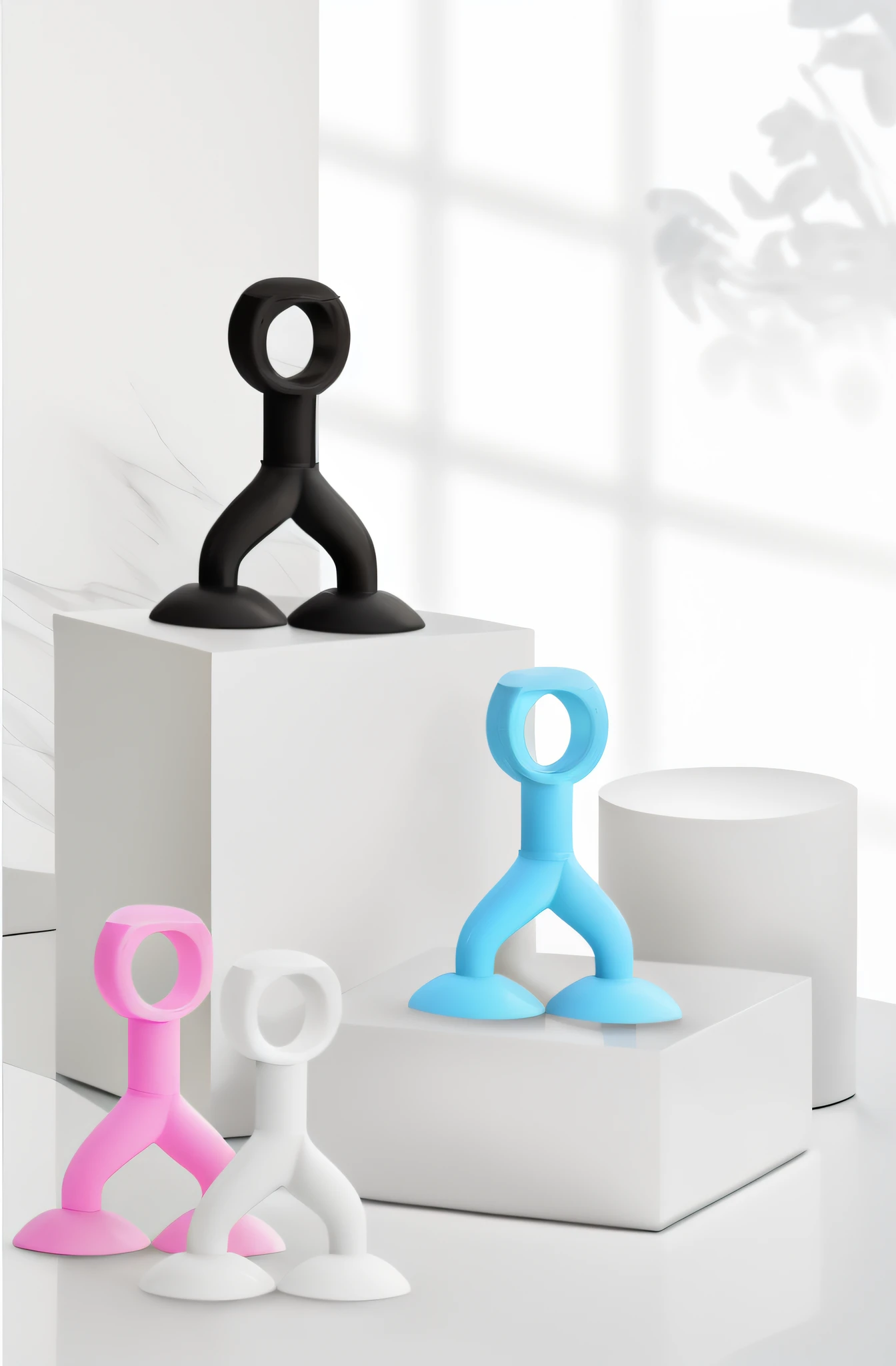 There are three figurines of different colors on the pedestal, product introduction photos, product - view, Various colors, Official product image, product introduction photos, 3d product, Product photo,Middle Metaverse, Handsome, spoon slim figure, 2 colours, product image,Photography is real,Realistic photographic rendering,detailed archviz render,photographyrealism,with photorealistic lighting,Authentic style,Authentic images, Photorealistic rendering