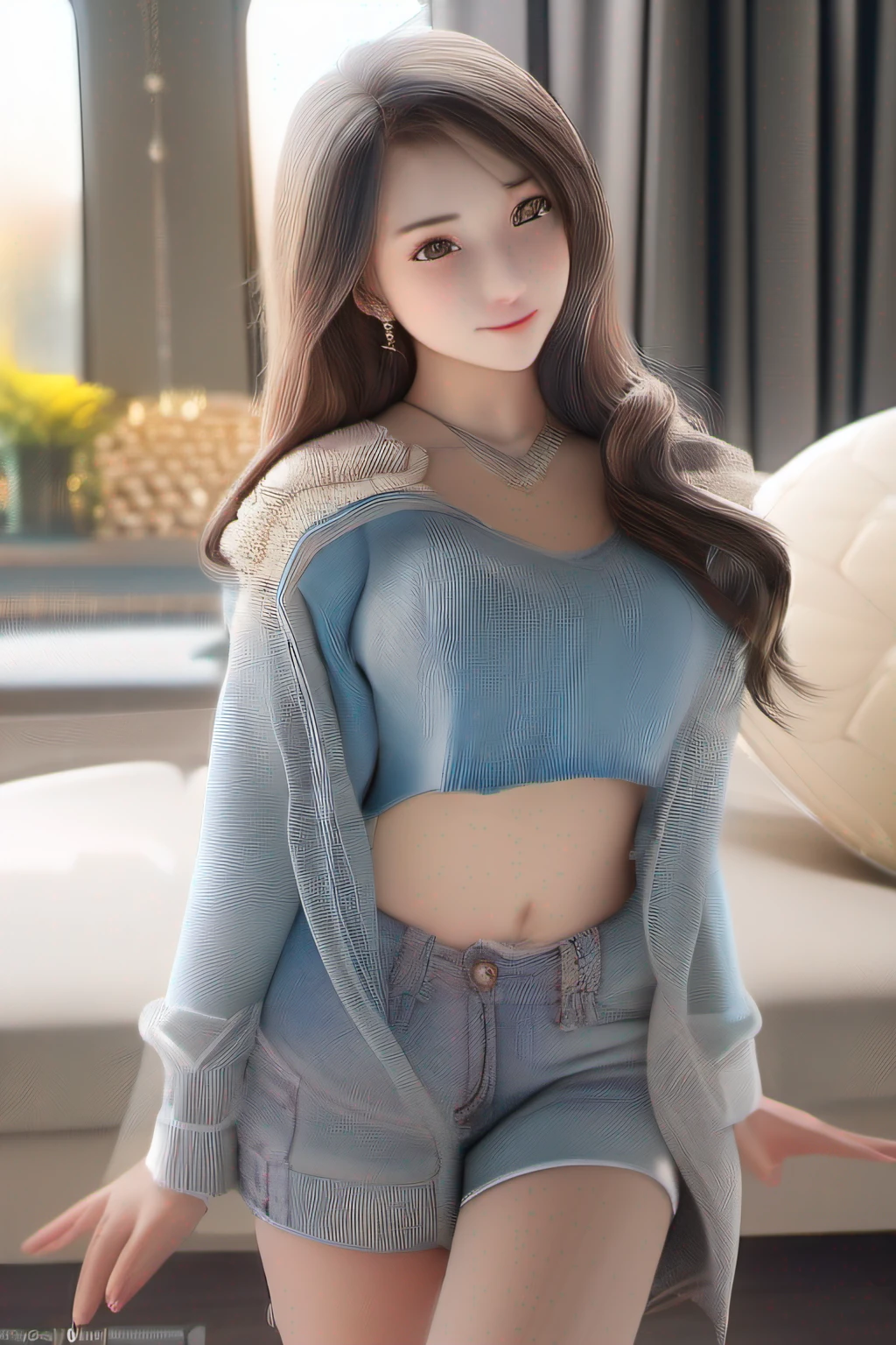 Smiling minchen, absurderes, With mouth closed, balanced eyes, (Top Quality Details: 1.2), Photorealistic, 8K high-definition, A highly detailed, High quality textures, intricated details, the detail, Detail texture, Fine Details, high detailed, super detailed CG, High quality shadow, Detailed beautiful delicate face, (Detailed beautiful delicate eyes: 1.32),depth of fields, Ray traching,(Beautiful 25-year-old cute Japanese woman:1),tiny boobs, tall_female, beautiful_legs, Glow Eyes, Blushlush, The perfect petite body, Skinny, Blurred Outdoor Background, Silver tight-fit bra blue stylish denim jacket, open coat : 1.1, [brown_skirt] : 1, Stockings and garter belts : 1.2, Bob Cut Hair, cozy living room, sunlights, Kneeling on the couch, earings, necklaces, Model, Viewing the viewer, Dynamic Pose, earings, necklaces, Model, Viewing the viewer, from the side, Dynamic Pose, frontage