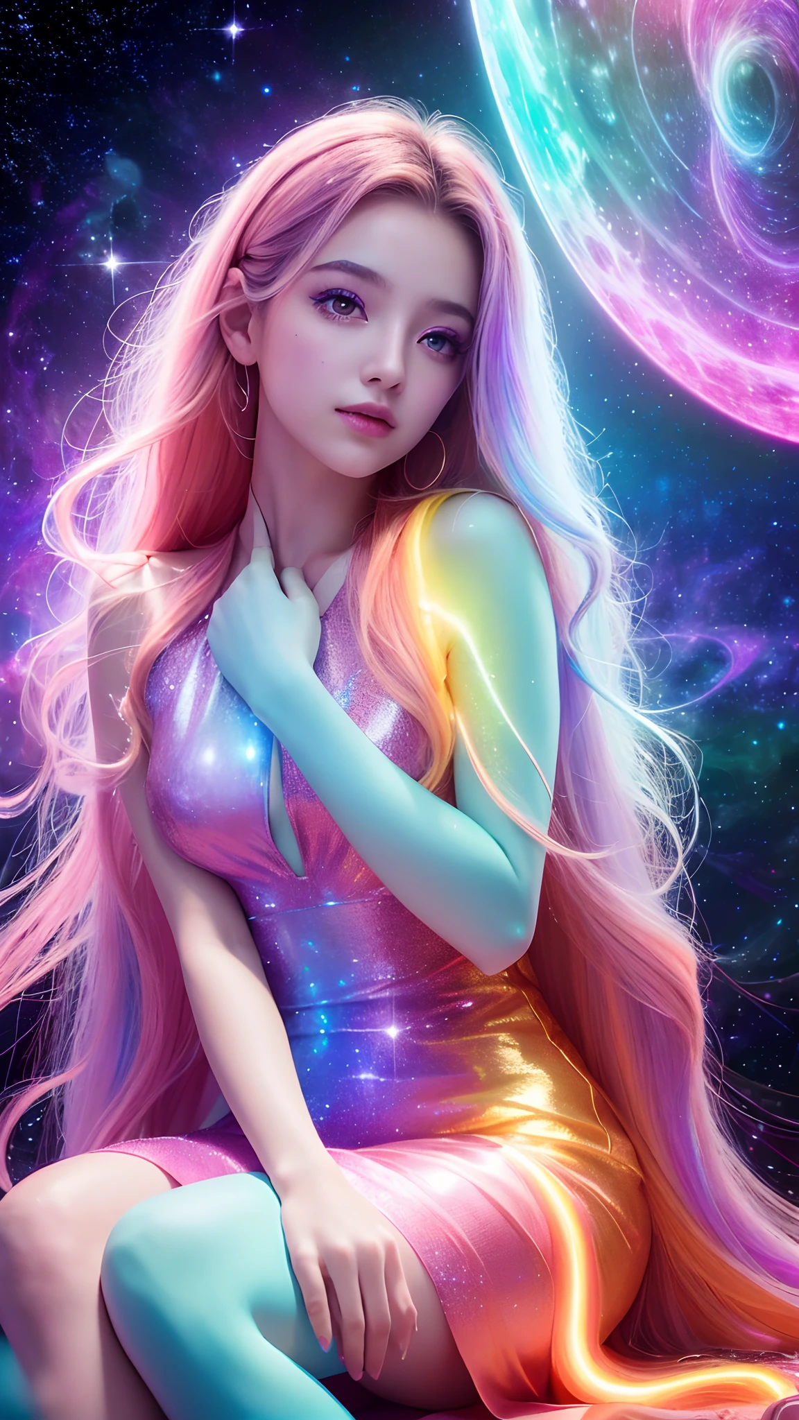 1girl, star mage, pink hair maria chiquinha, cosmic comets, nude and no bra, Realistic Asian beautiful woman,show her body,