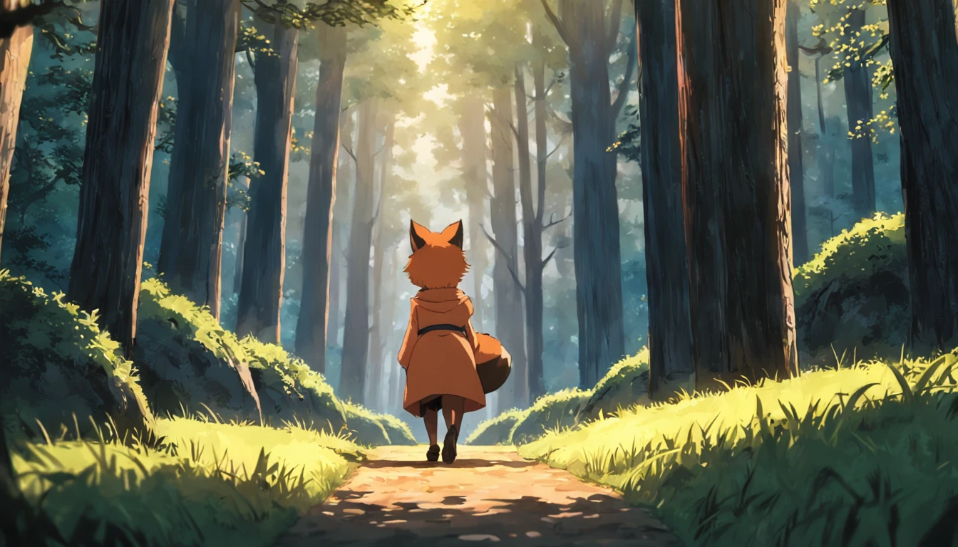 tmasterpiece,best qualityer,cinematic Film still from,1 fox,Close-up,Face the lens,facing to audience,Fox walking on forest paths